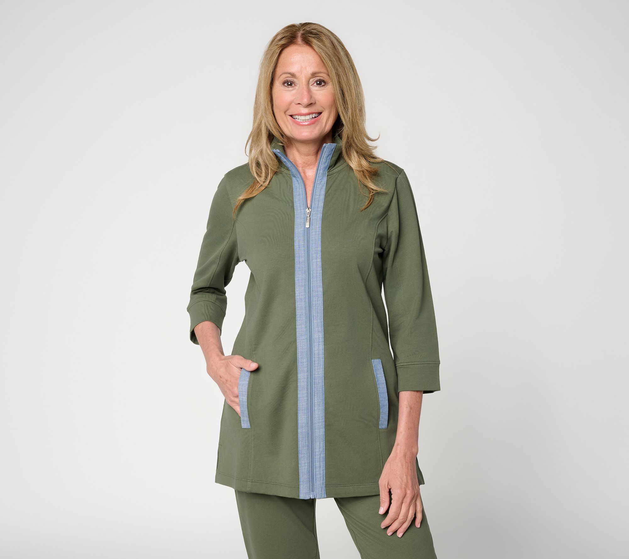 Denim & Co. Active Regular 3/4 Sleeve Zip Front Jacket W/ Chambray Detail