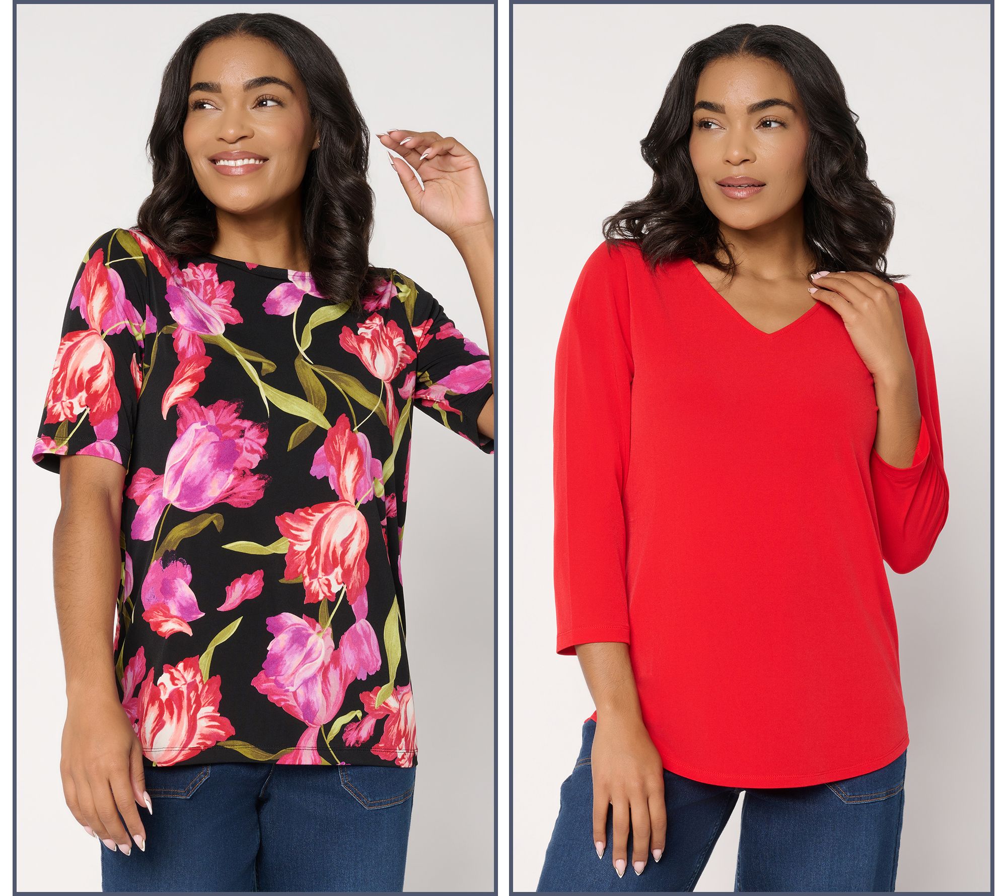 "As Is" Susan Graver Set of 2 Print & Solid Liquid Knit Tops