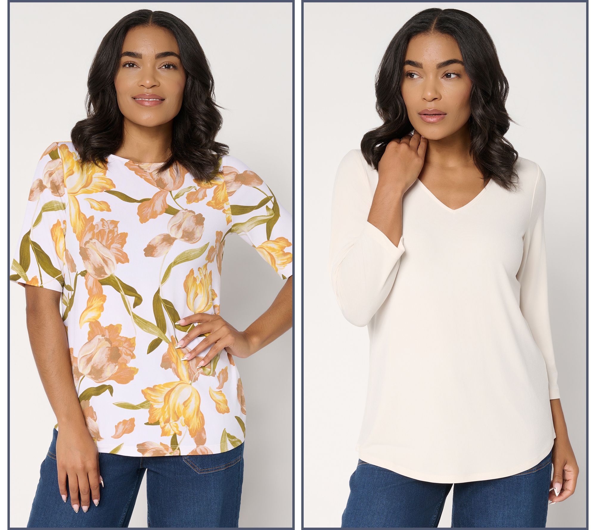 "As Is" Susan Graver Set of 2 Print & Solid Liquid Knit Tops
