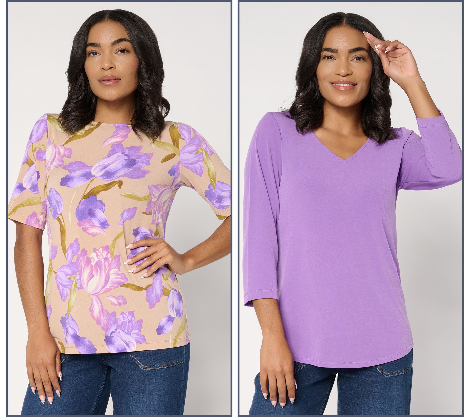 "As Is" Susan Graver Set of 2 Print & Solid Liquid Knit Tops