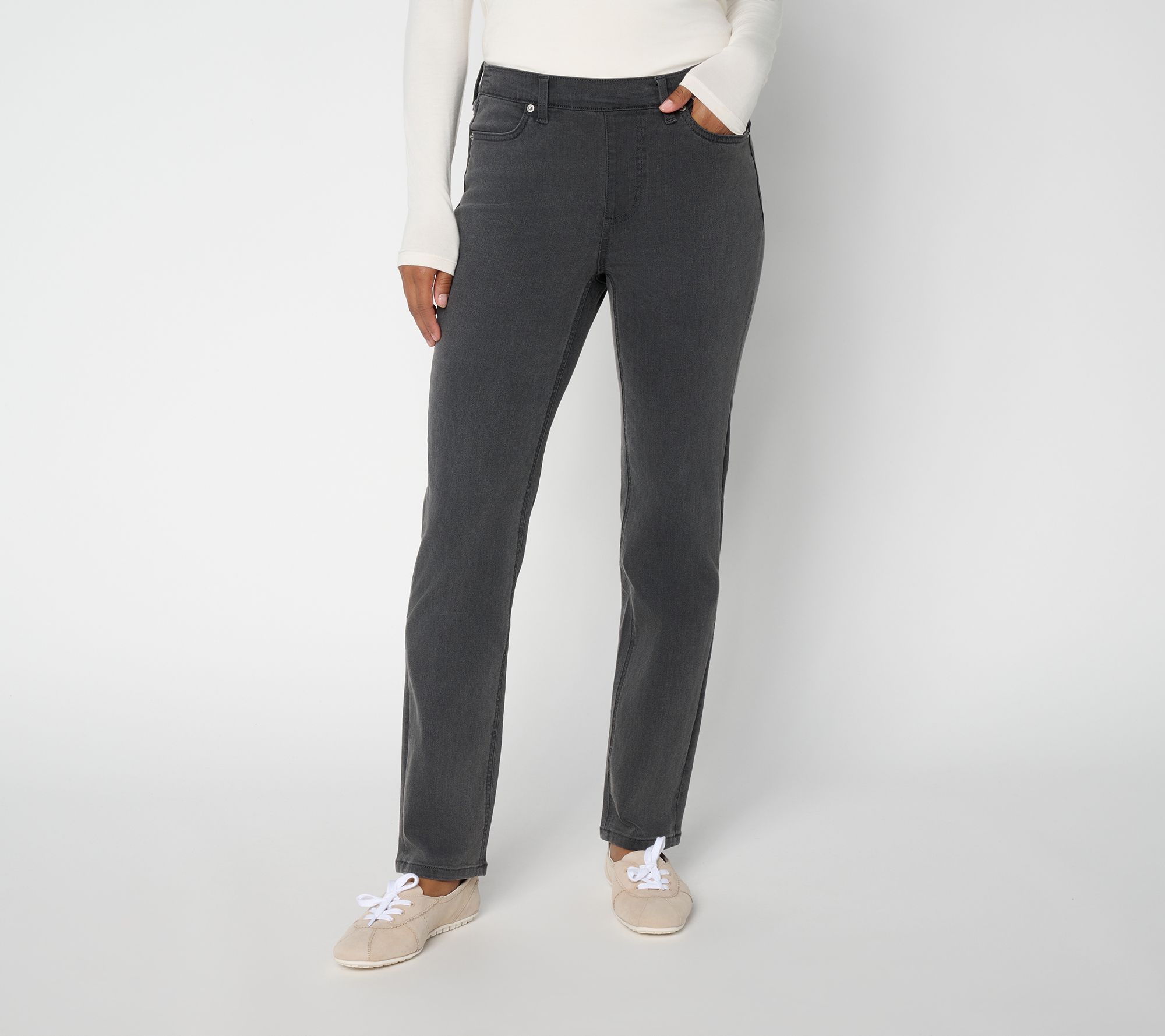 Denim & Co. Petite So Soft Denim Straight Leg Black Jeans