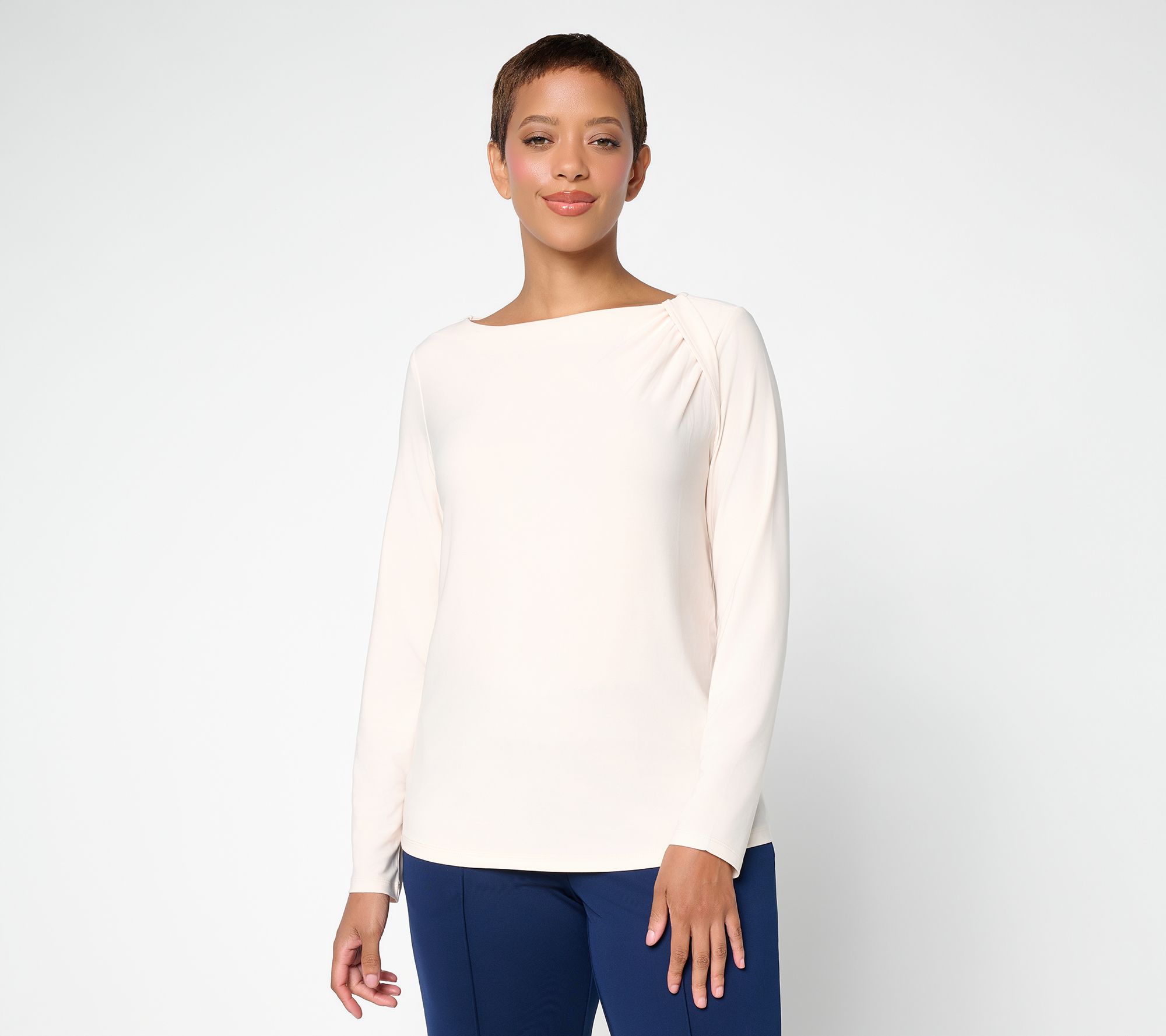 Dennis Basso Italia Knit Soft Drape Knotted Shoulder Top