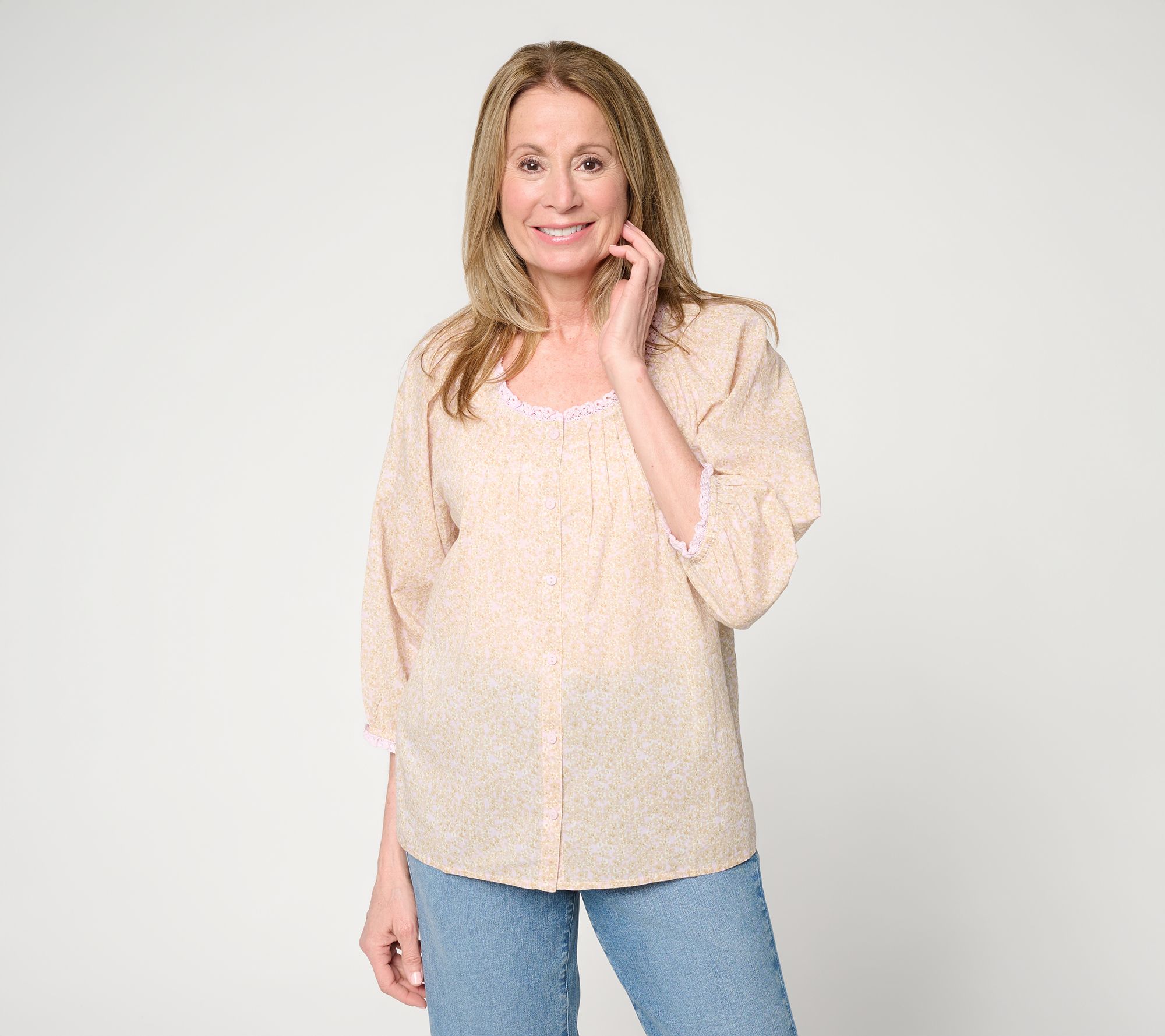 "As Is" Me by Jennie Garth 100% Cotton Lace Detail Printed Blouse