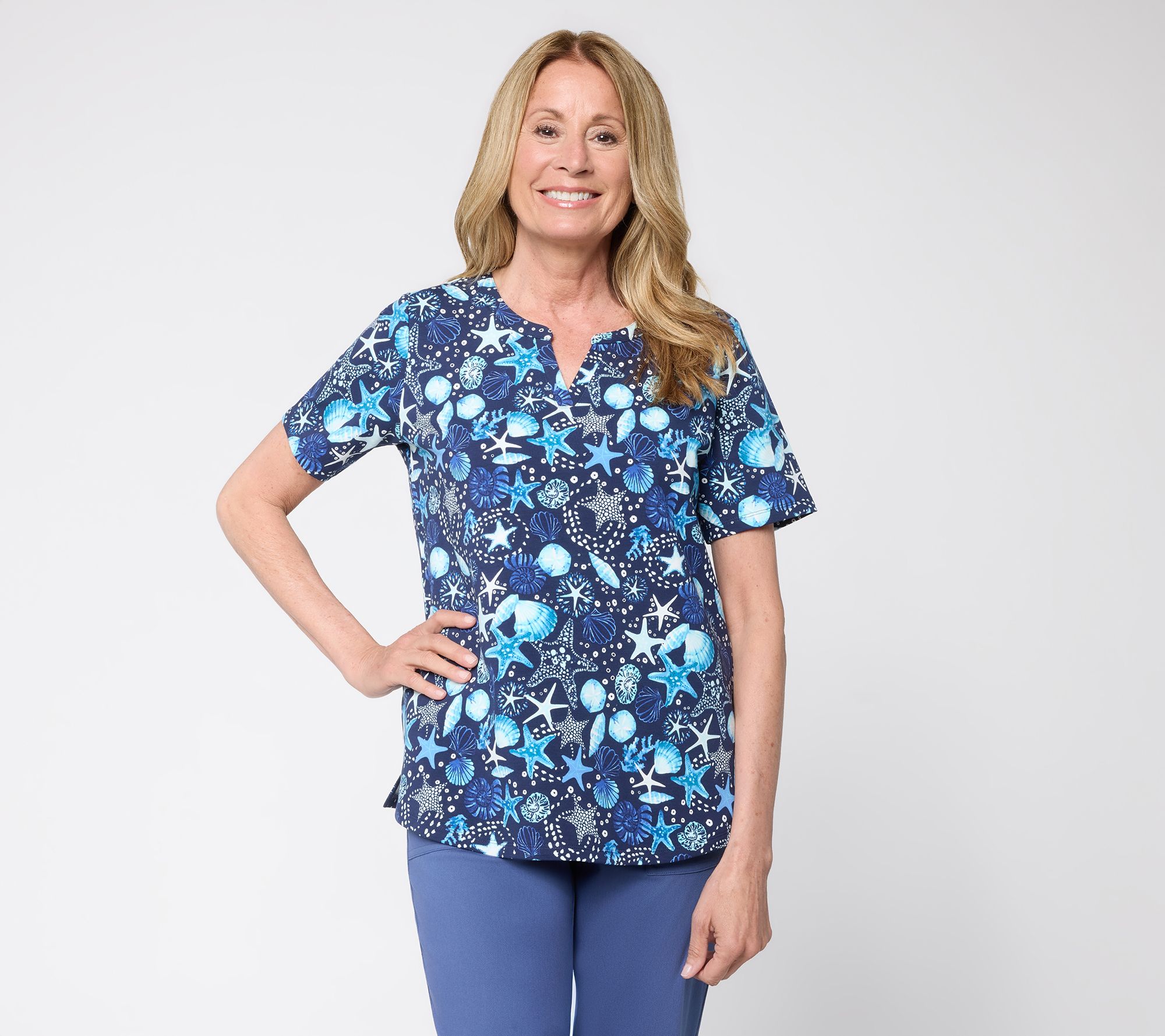"As Is" Denim & Co. Active Printed French Terry Split Neck Top