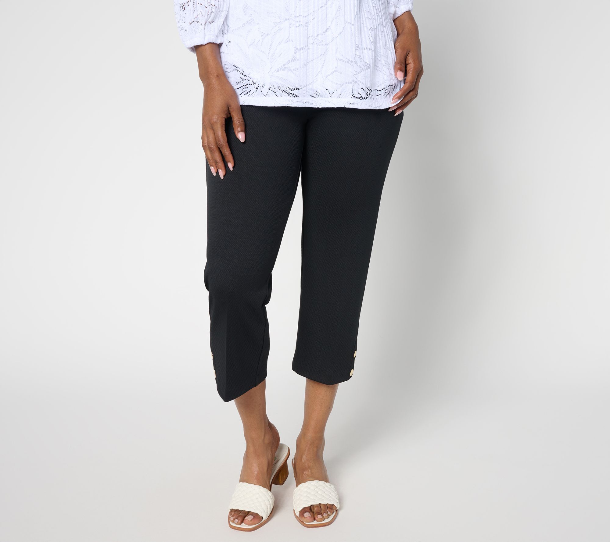 "As Is" Isaac Mizrahi Live! Petite Texture Knit Crop Pants with Snap Trim