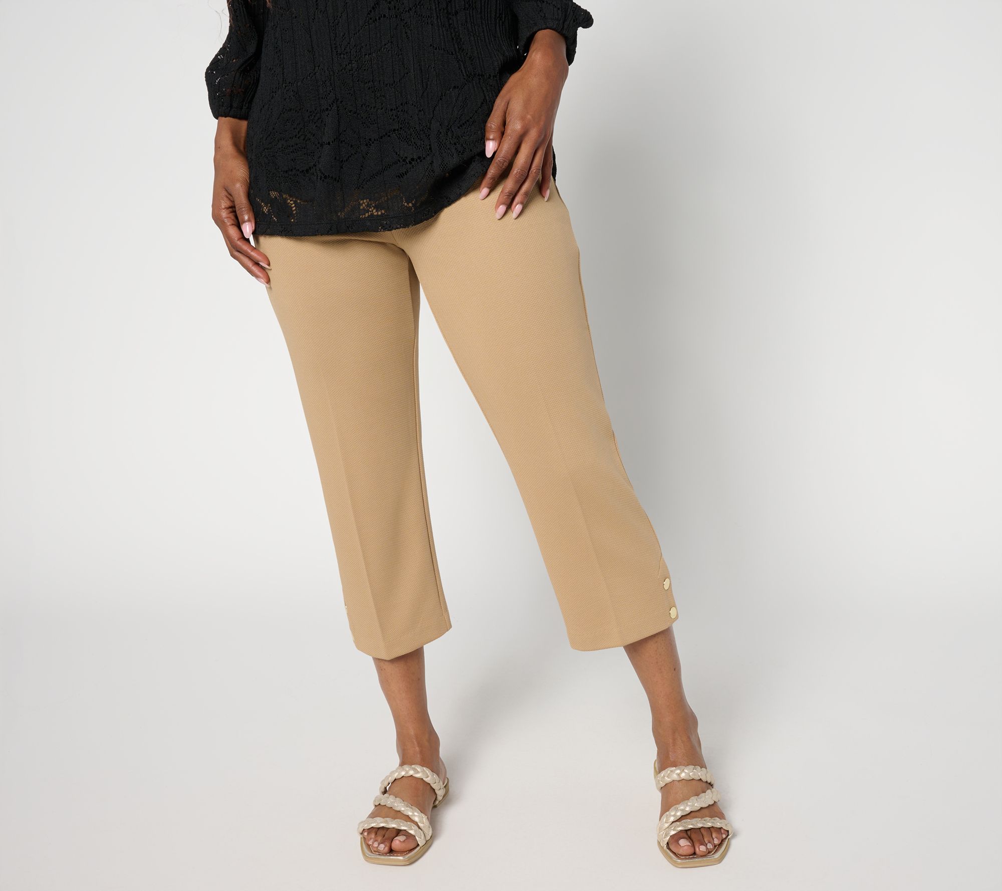 "As Is" Isaac Mizrahi Live! Petite Texture Knit Crop Pants with Snap Trim
