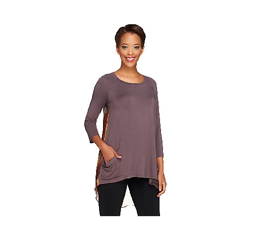 LOGO by Lori Goldstein Knit Top with Printed Chiffon Back Detail