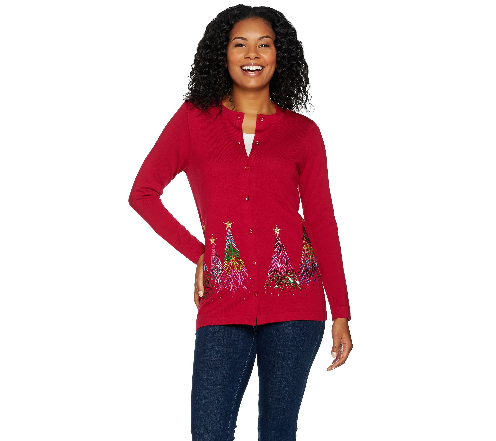 "As Is" Quacker Factory Rhinestone Tree Button Front Knit Cardigan