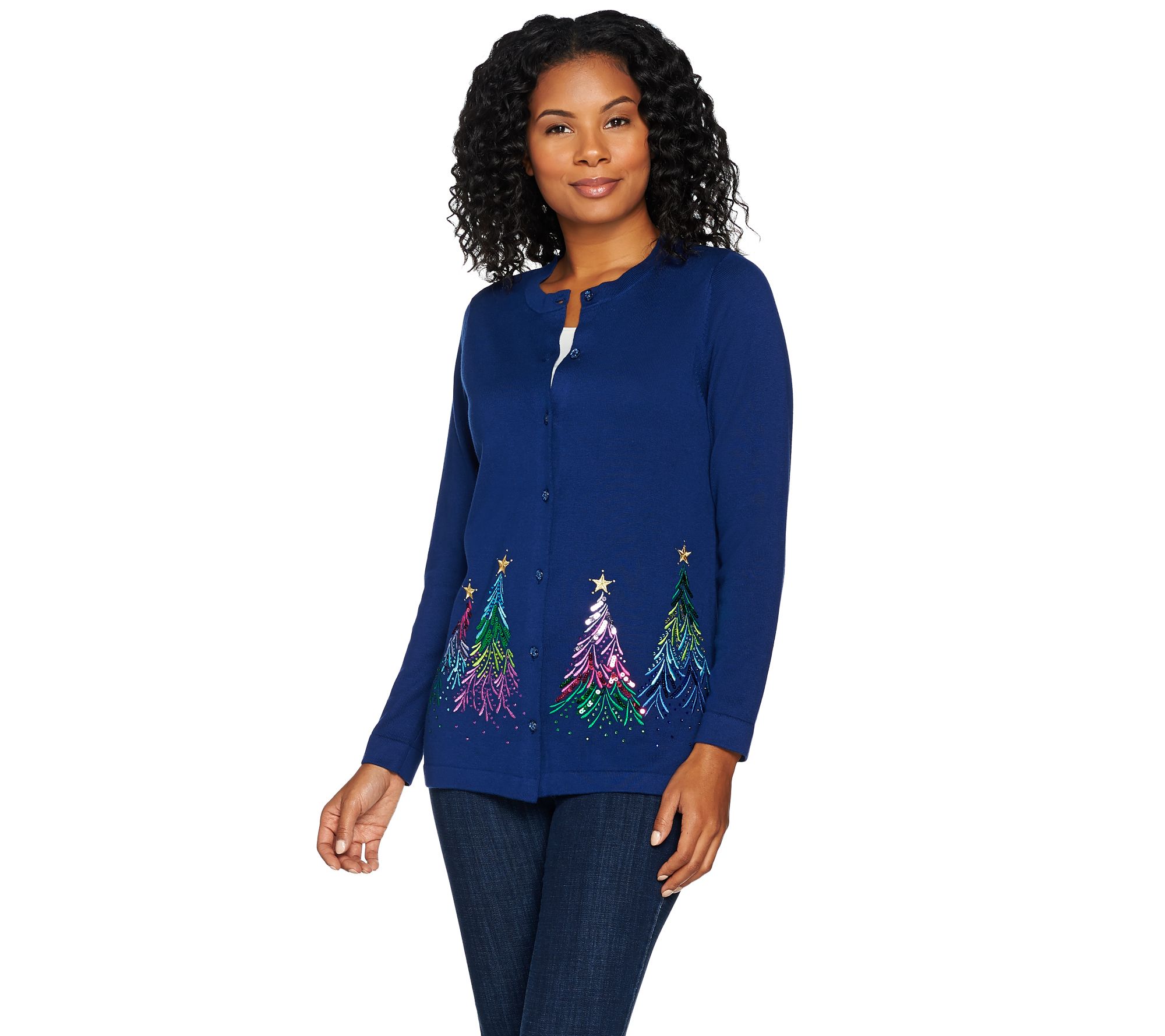 "As Is" Quacker Factory Rhinestone Tree Button Front Knit Cardigan