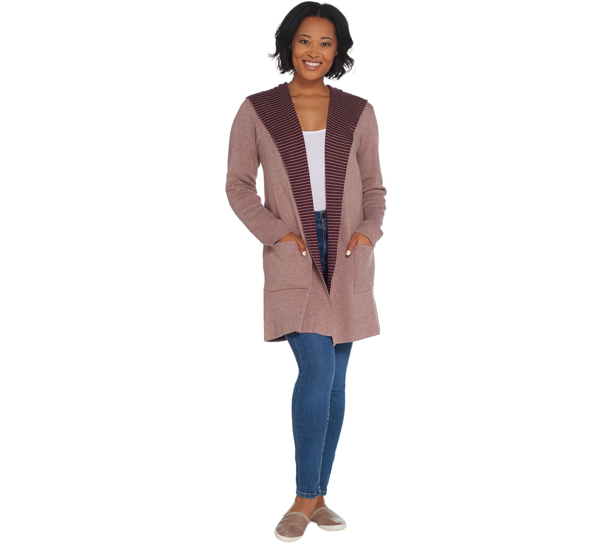 Denim & Co. Double Knit Long-Sleeve Open Front Hooded Cardigan - A309546