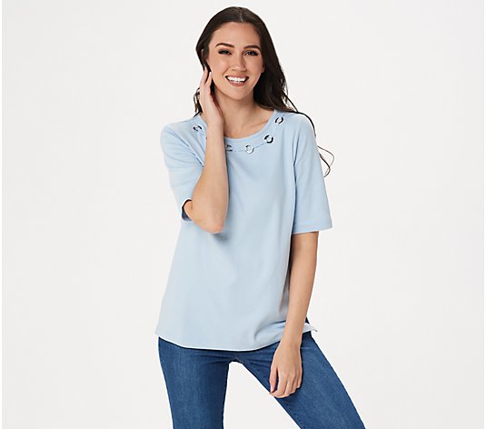 Quacker Factory Elbow-Sleeve Knit Top with Grommet Detail