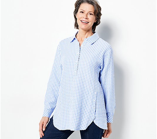Susan Graver Weekend Yarn Dyed Check Shirt with Button Placket