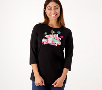 Quacker Factory A Pink Christmas Embroidered 3/4 Sleeve Top