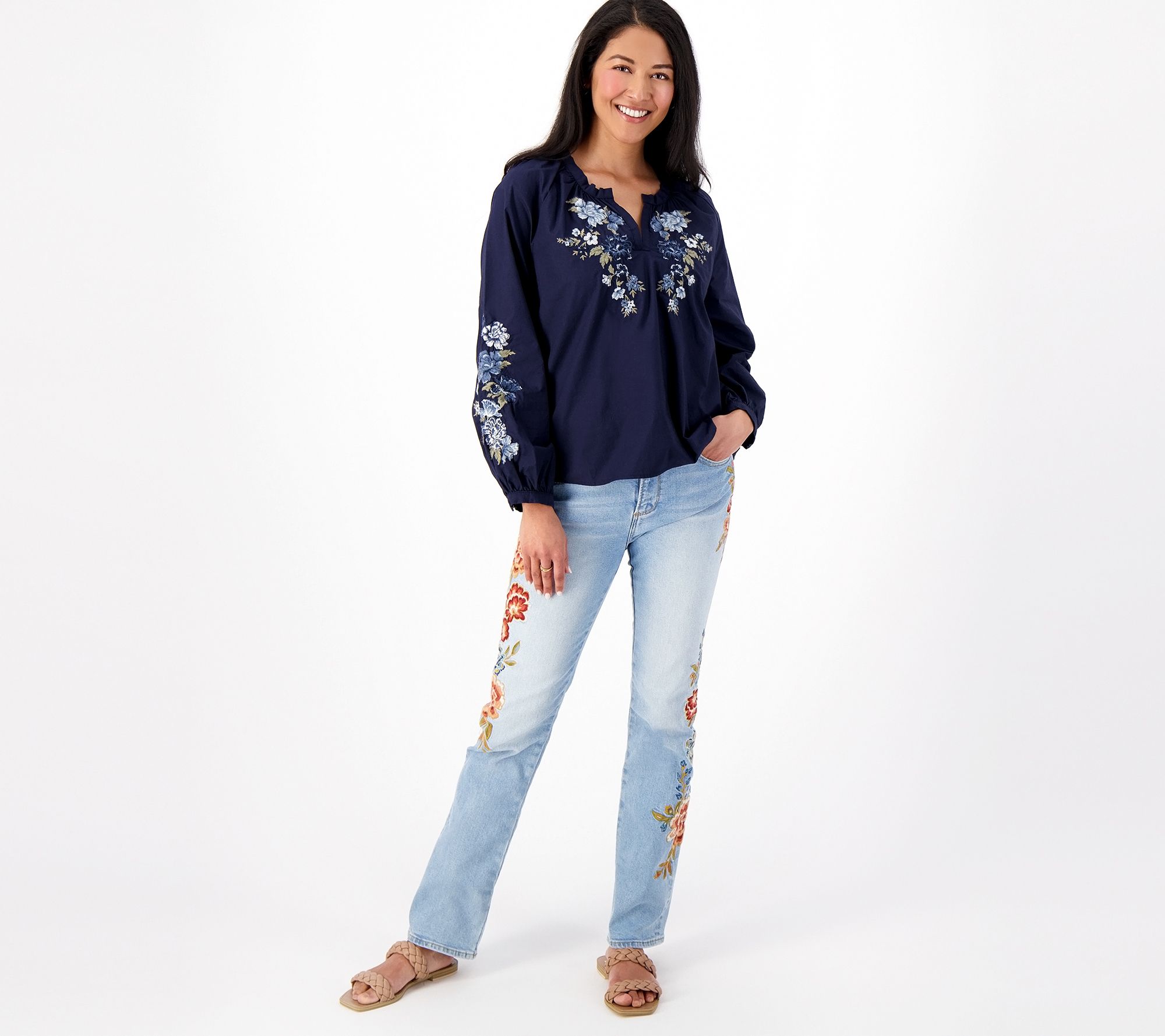Driftwood Jeans Embroidered Peasant Top- Bluebell Fleur - QVC.com