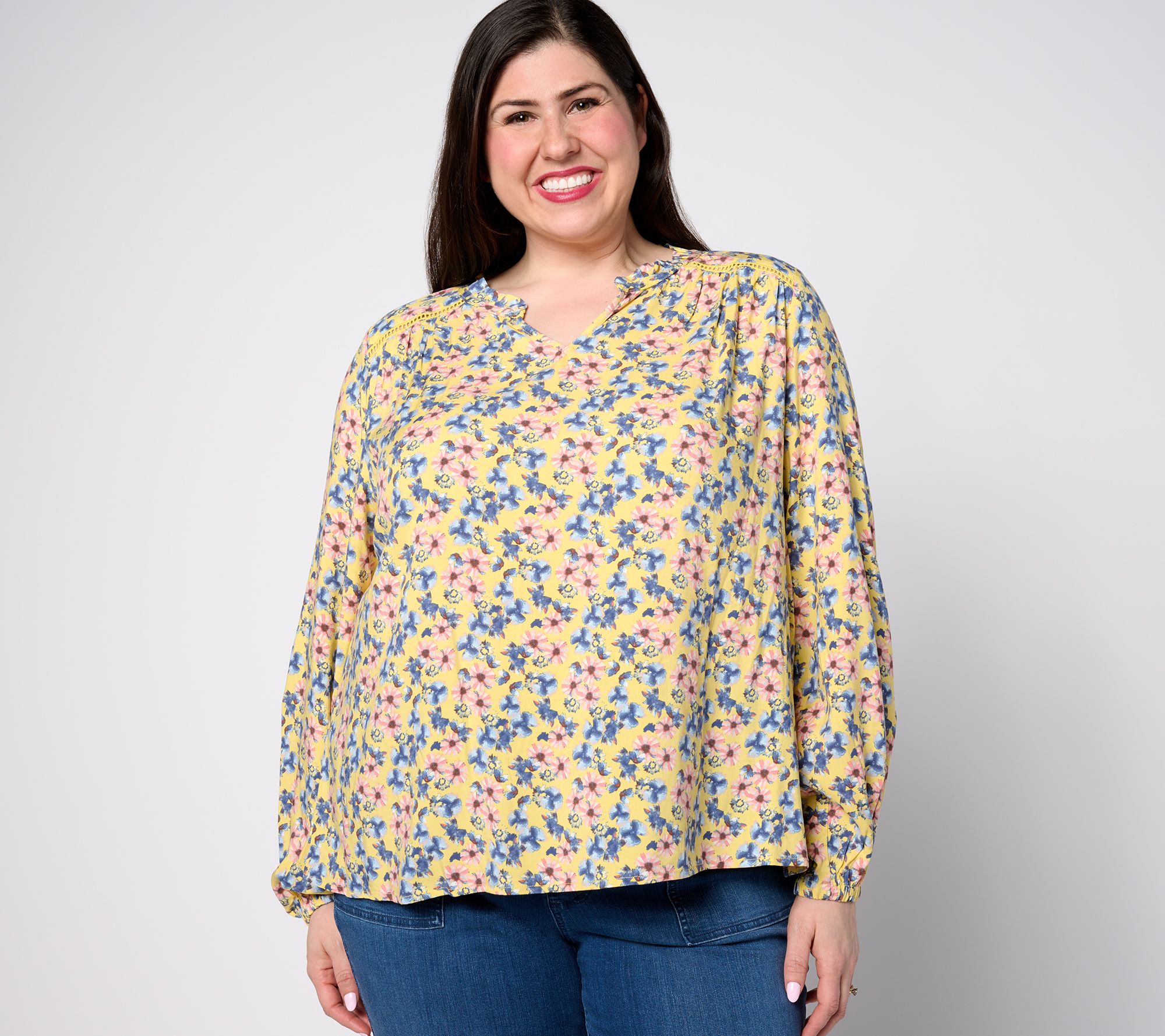 Denim & Co. Printed Long Sleeve Lace Inset Blouse