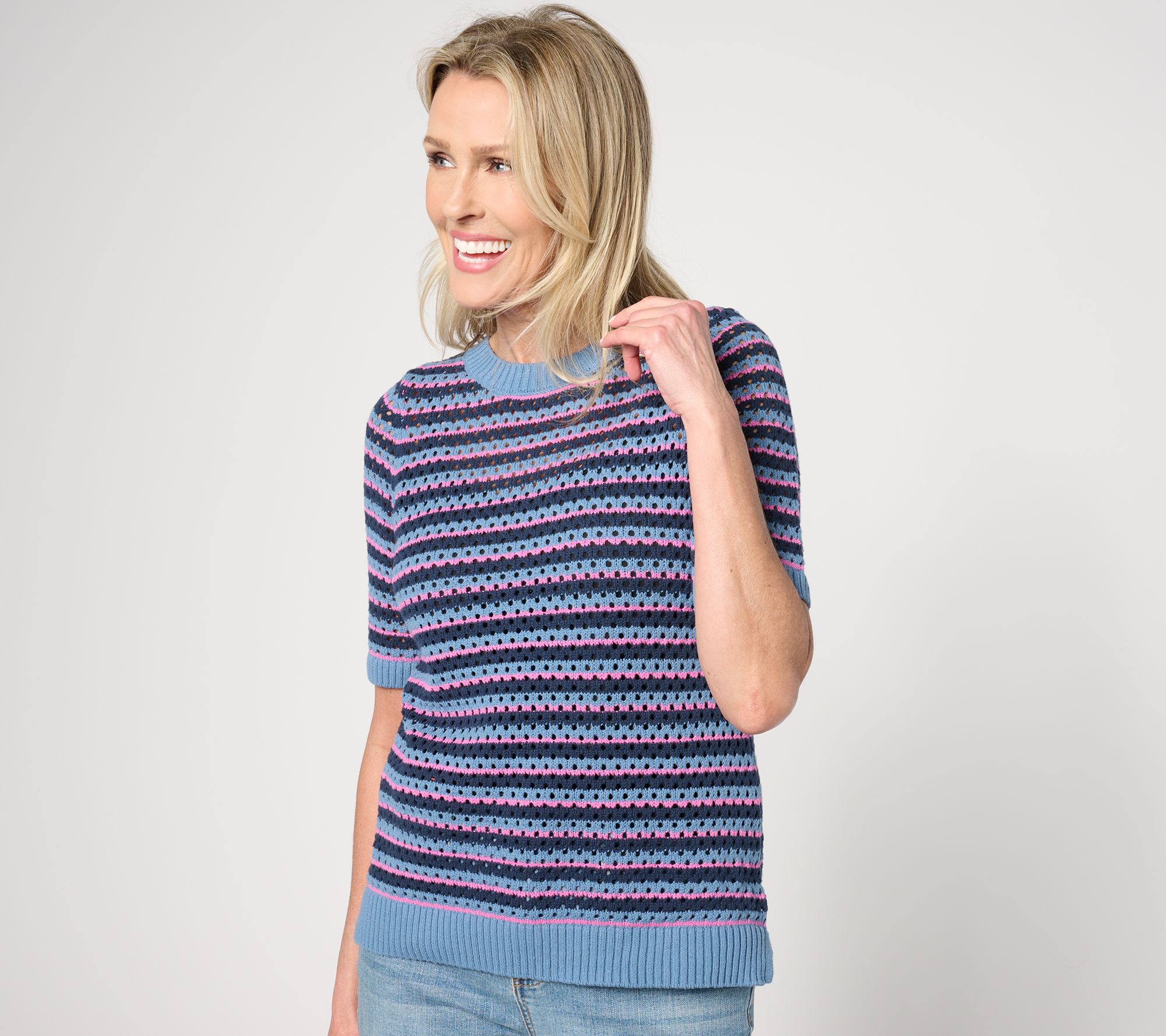 Sport Savvy Striped Open Stitch Sweater - QVC.com