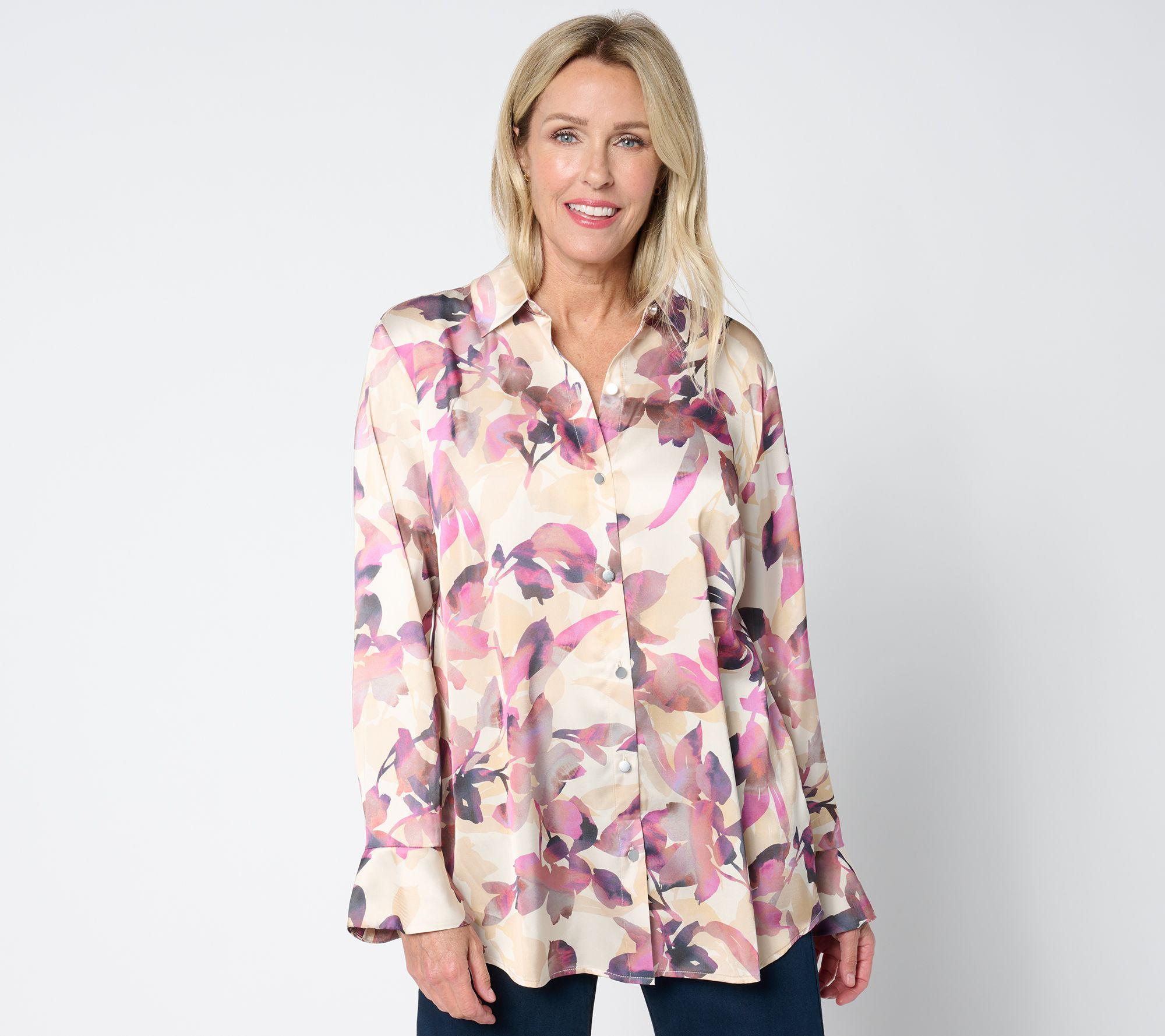 Susan Graver Petite Stretch Charmeuse Printed Button Front Top