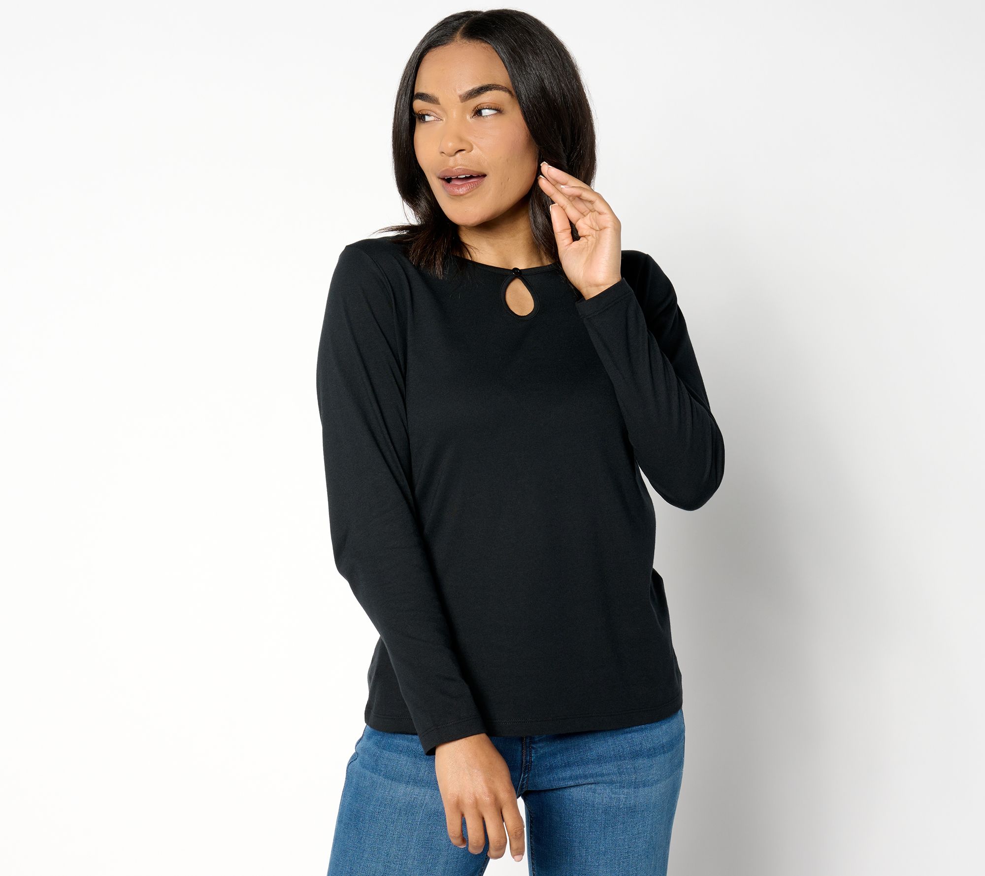 Denim & Co. Essentials Luxe Jersey Long Sleeve Keyhole Top
