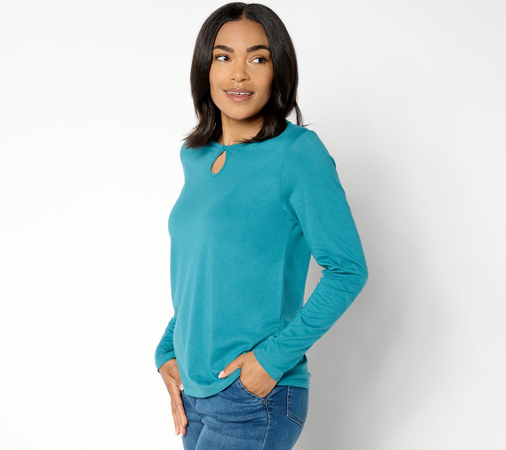Denim & Co. Essentials Luxe Jersey Long Sleeve Keyhole Top