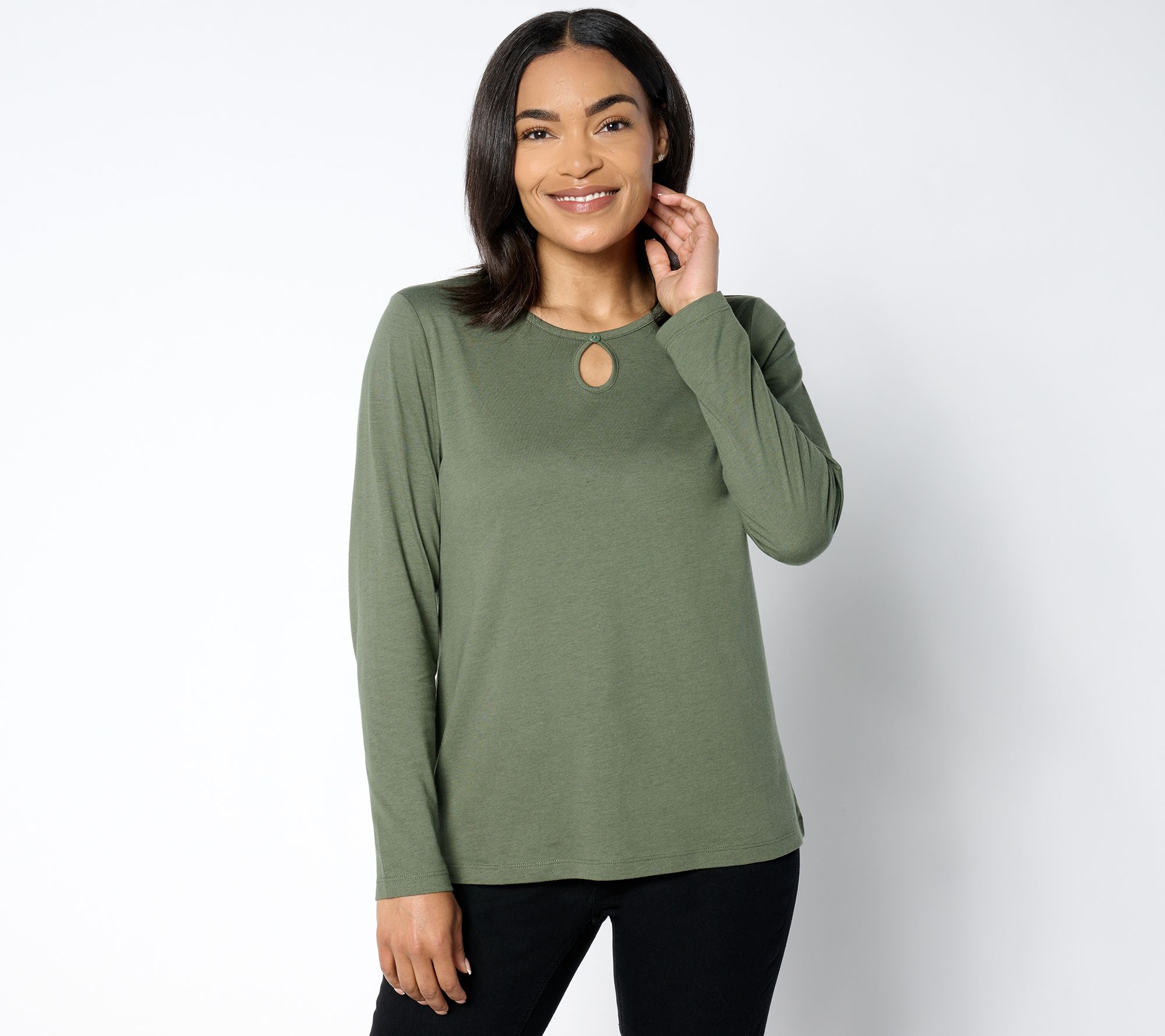 Denim & Co. Essentials Luxe Jersey Long Sleeve Keyhole Top