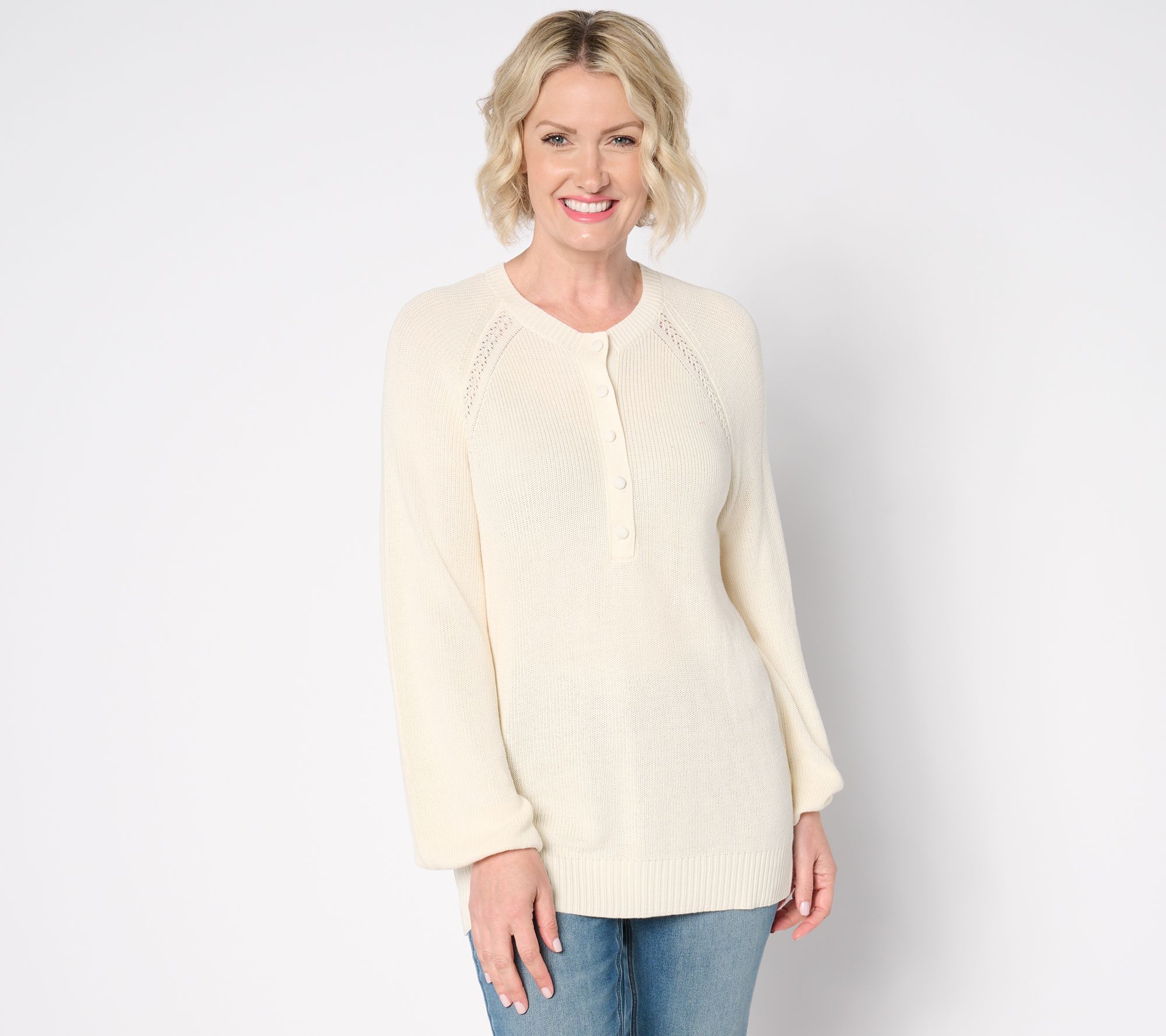 Belle by Kim Gravel Ribbed Henley Blouson Sleeve Sweater