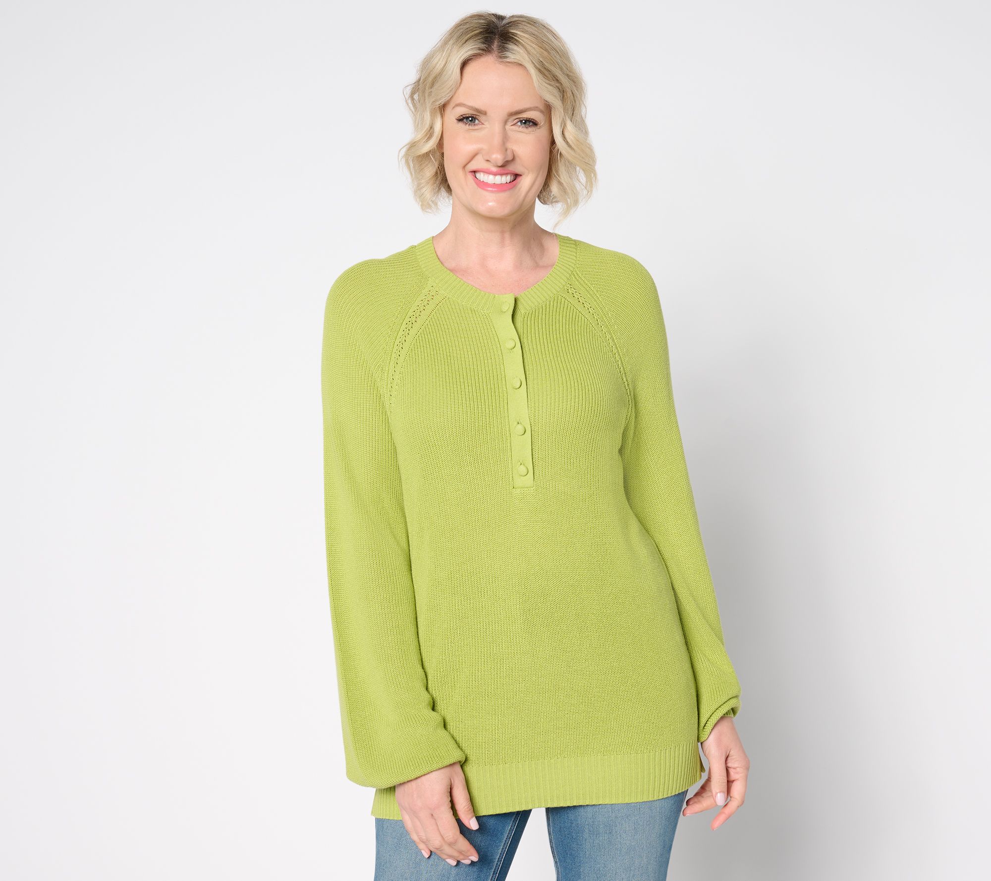 Belle by Kim Gravel Ribbed Henley Blouson Sleeve Sweater