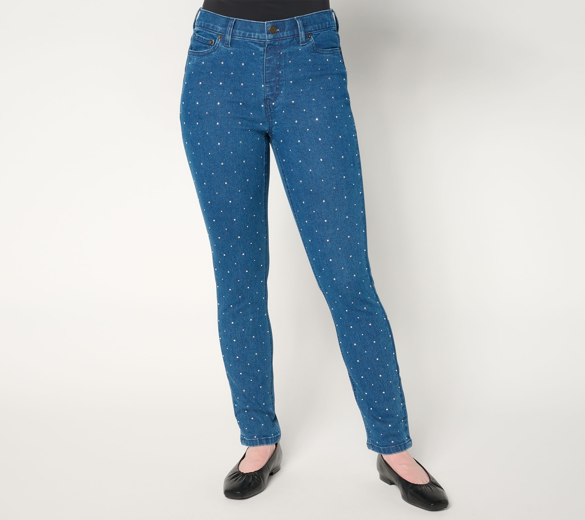 Denim & Co. Petite Indigo Classic Denim Sparkle Front Ankle Jean