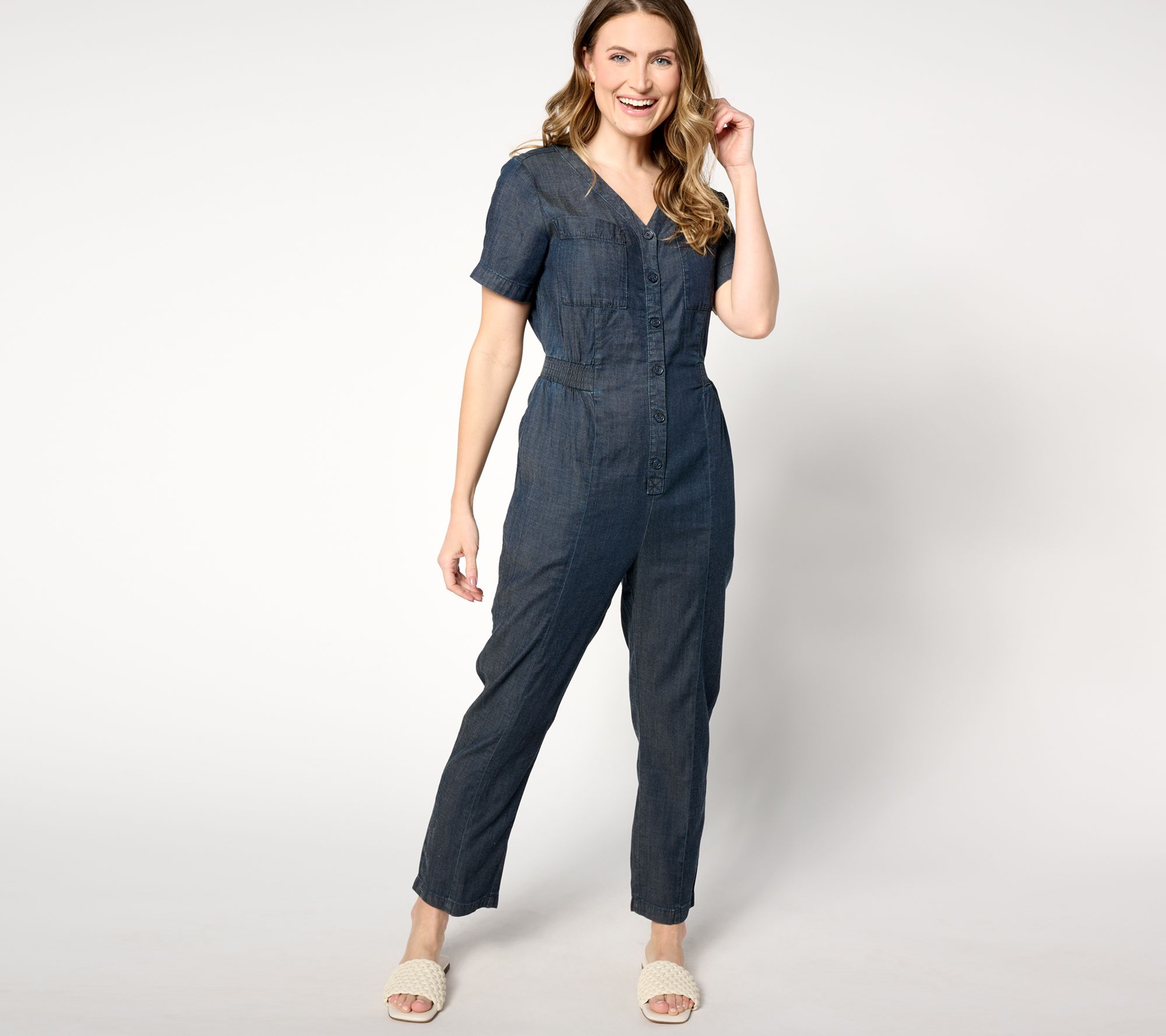 "As Is" AnyBody Petite Drapey Denim Button- Front Jumpsuit