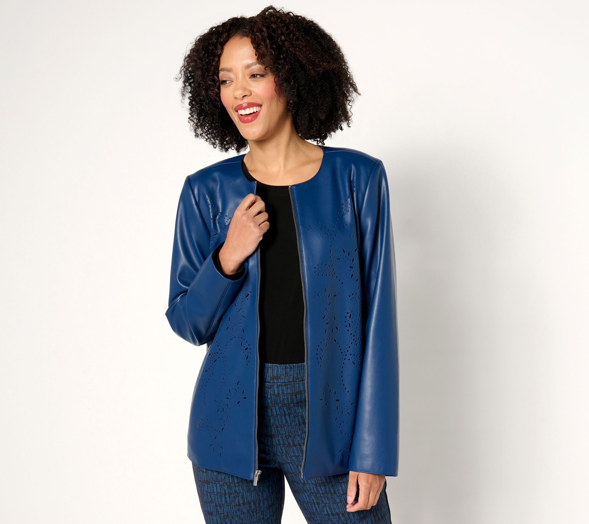 Susan Graver Regular Faux Leather Jacket with Laser Cut Detail