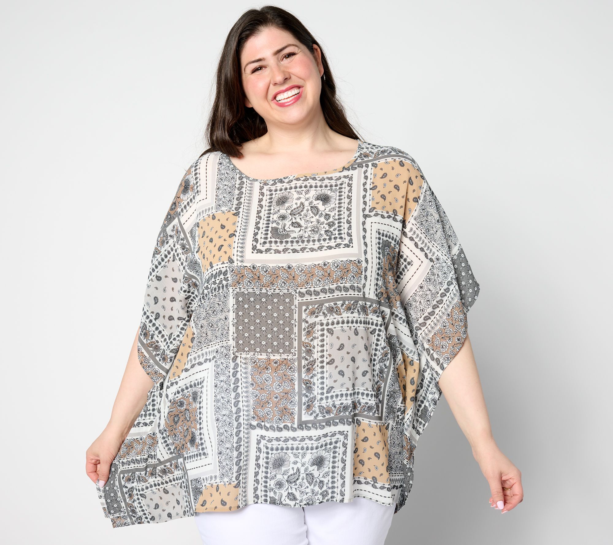 "As Is" Isaac Mizrahi Live! Printed Crinkle Chiffon Scarf Top