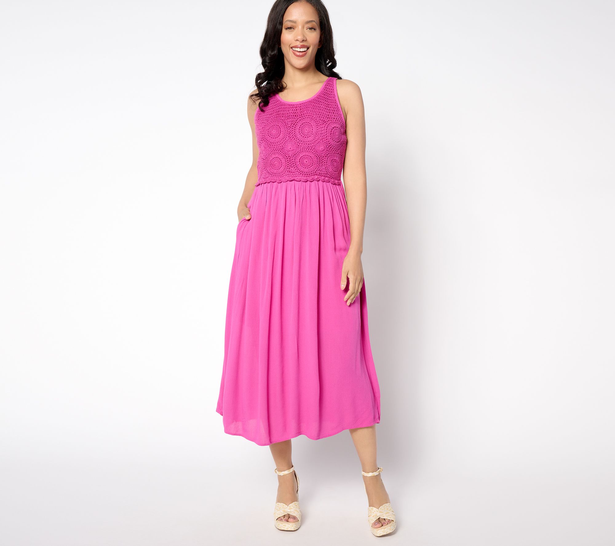 "As Is" Destination 365 Petite Crinkle Chiffon Crochet Maxi Dress