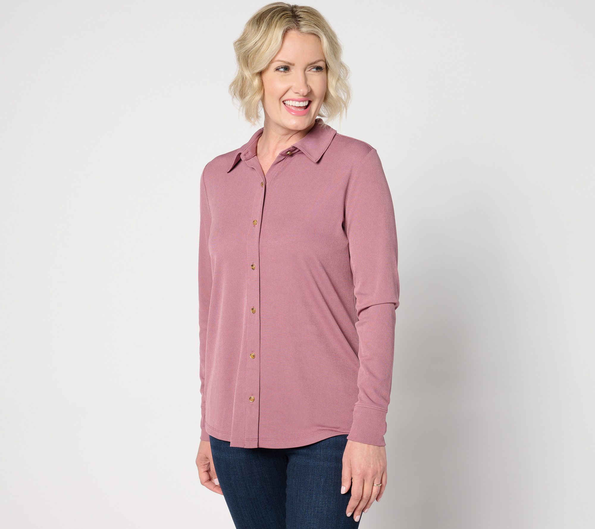 "As Is" Denim & Co. Rib Knit Button Front Collared Blouse