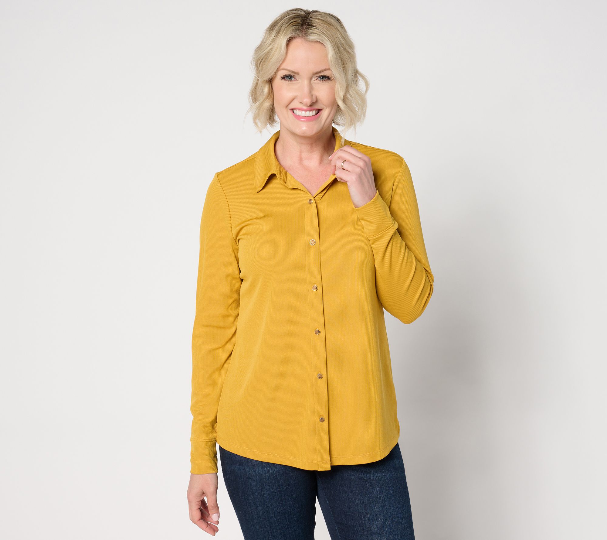 "As Is" Denim & Co. Rib Knit Button Front Collared Blouse