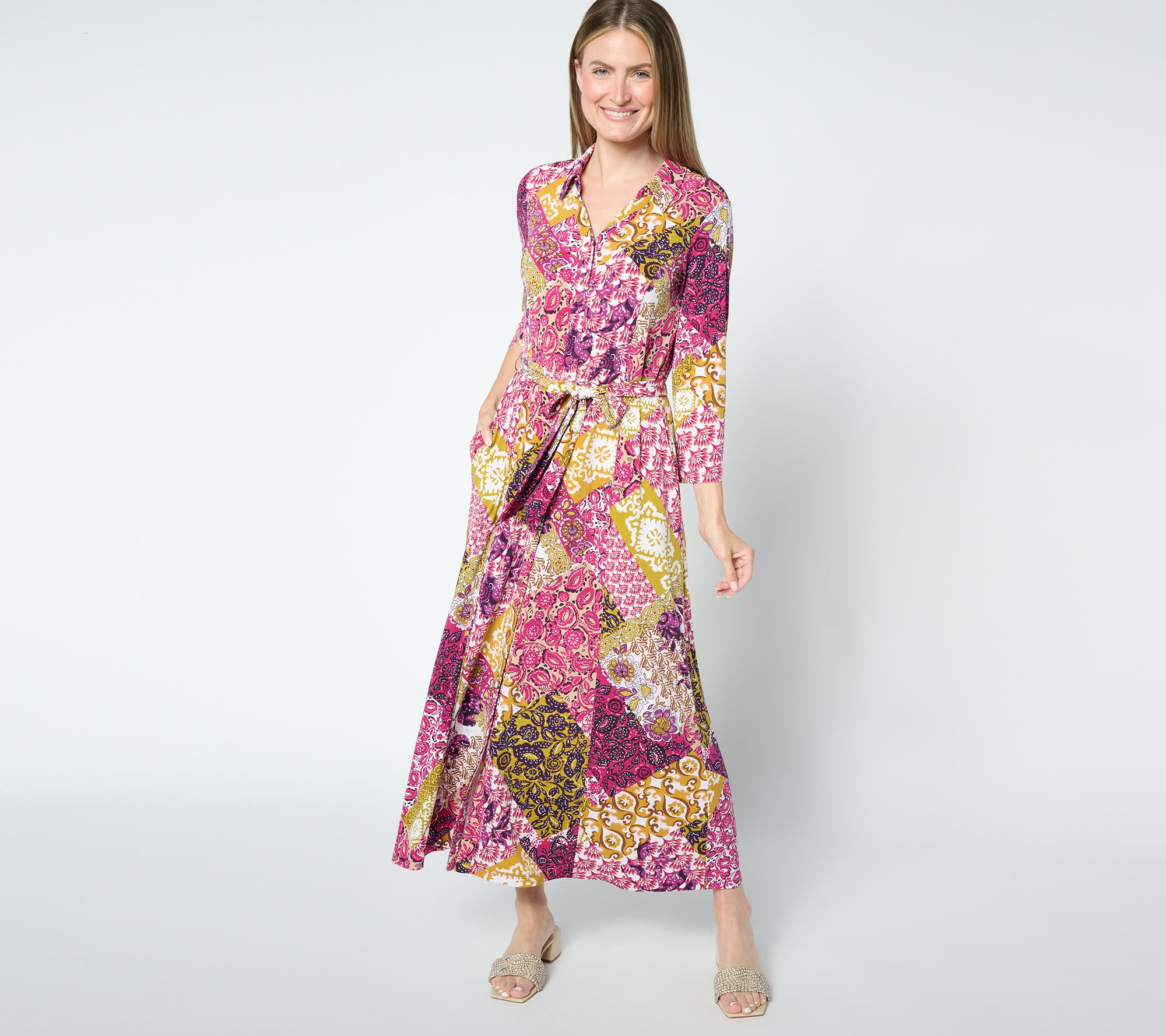 "As Is" Susan Graver Petite Printed Liquid Knit Belted Maxi Dress