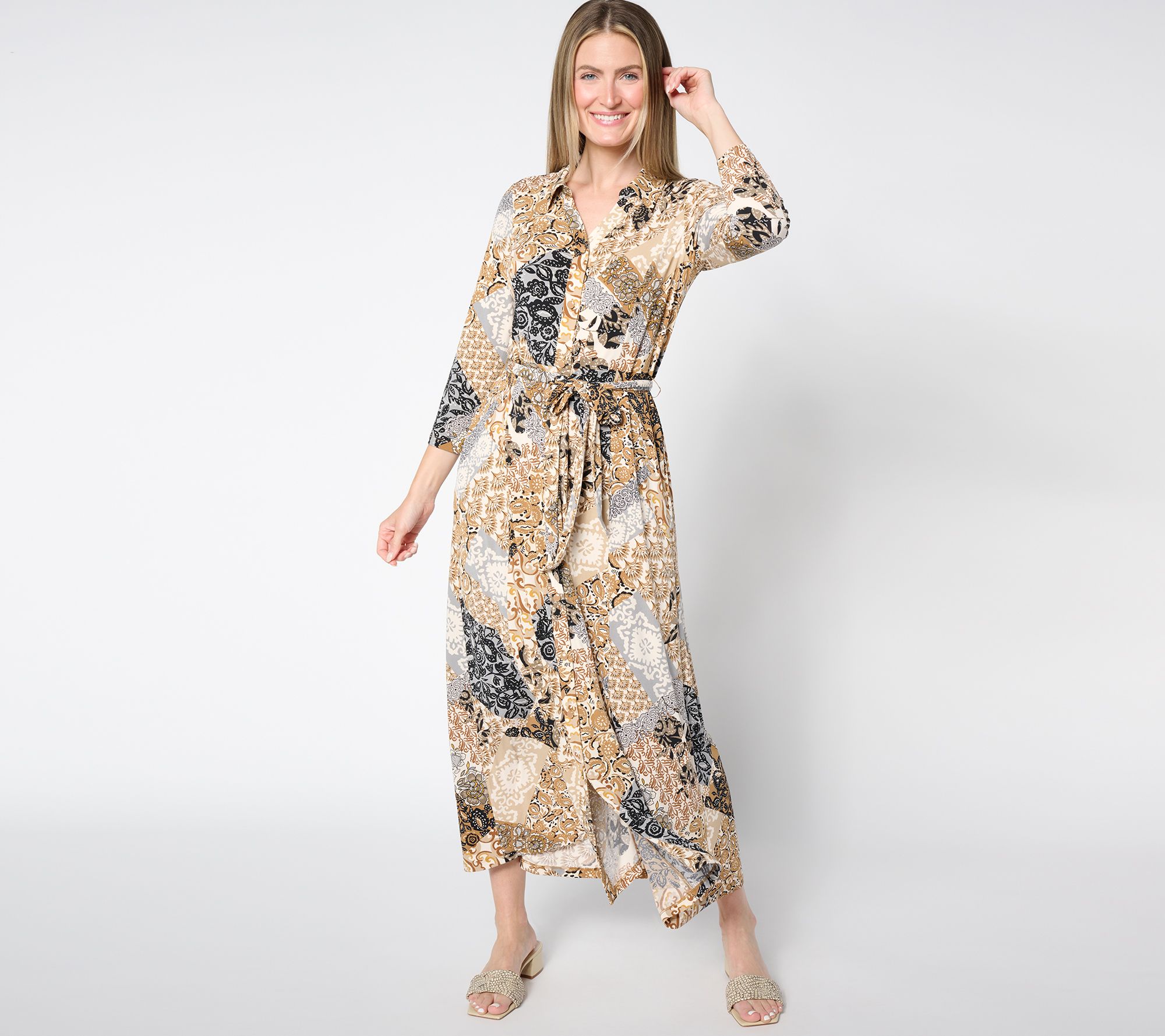 "As Is" Susan Graver Petite Printed Liquid Knit Belted Maxi Dress
