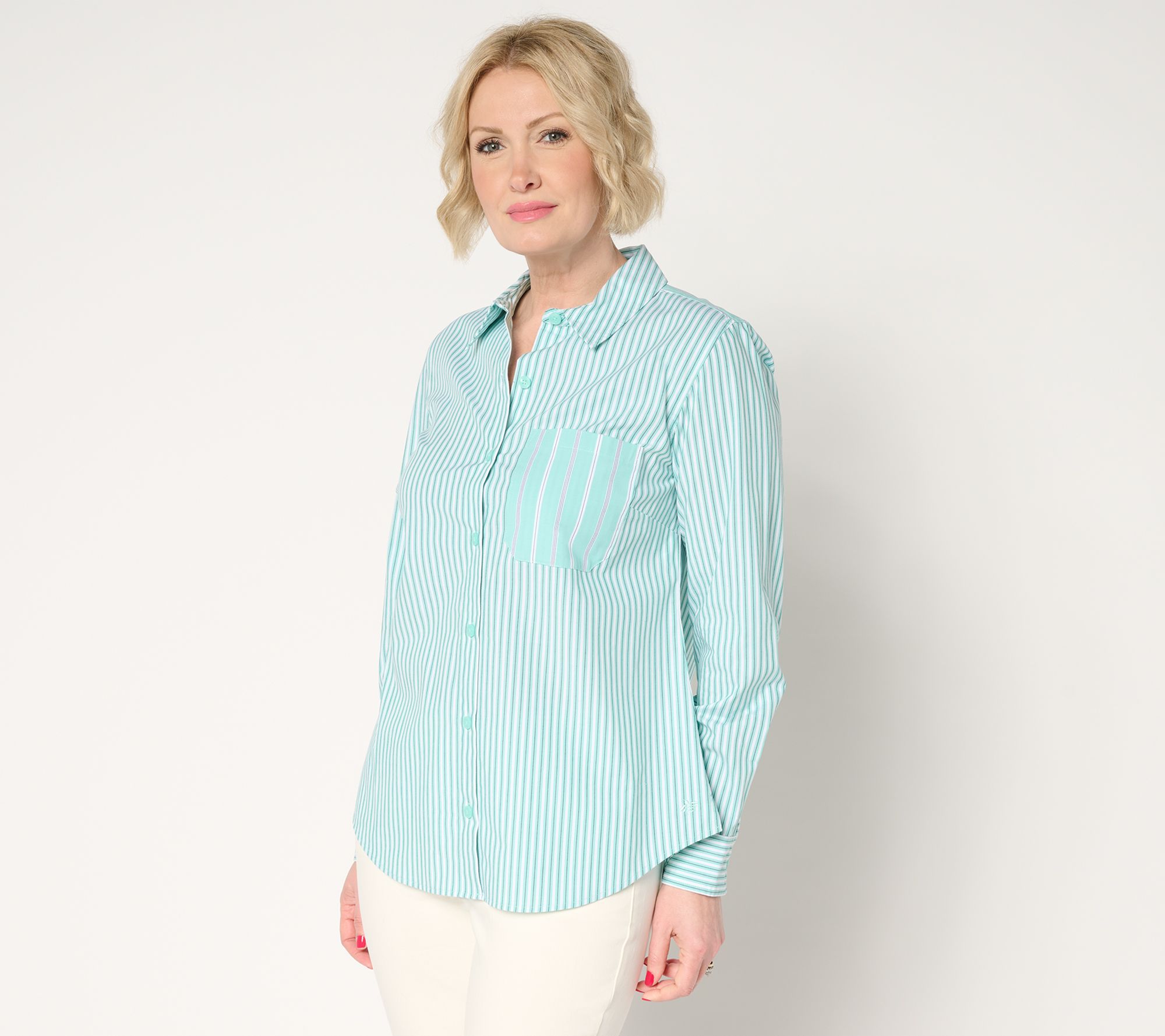 Joan Rivers Stretch Cotton Button Front Mixed Stripe Shirt
