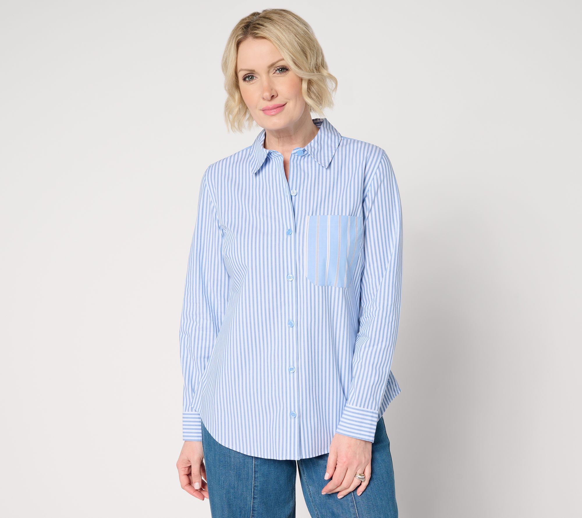 Joan Rivers Stretch Cotton Button Front Mixed Stripe Shirt