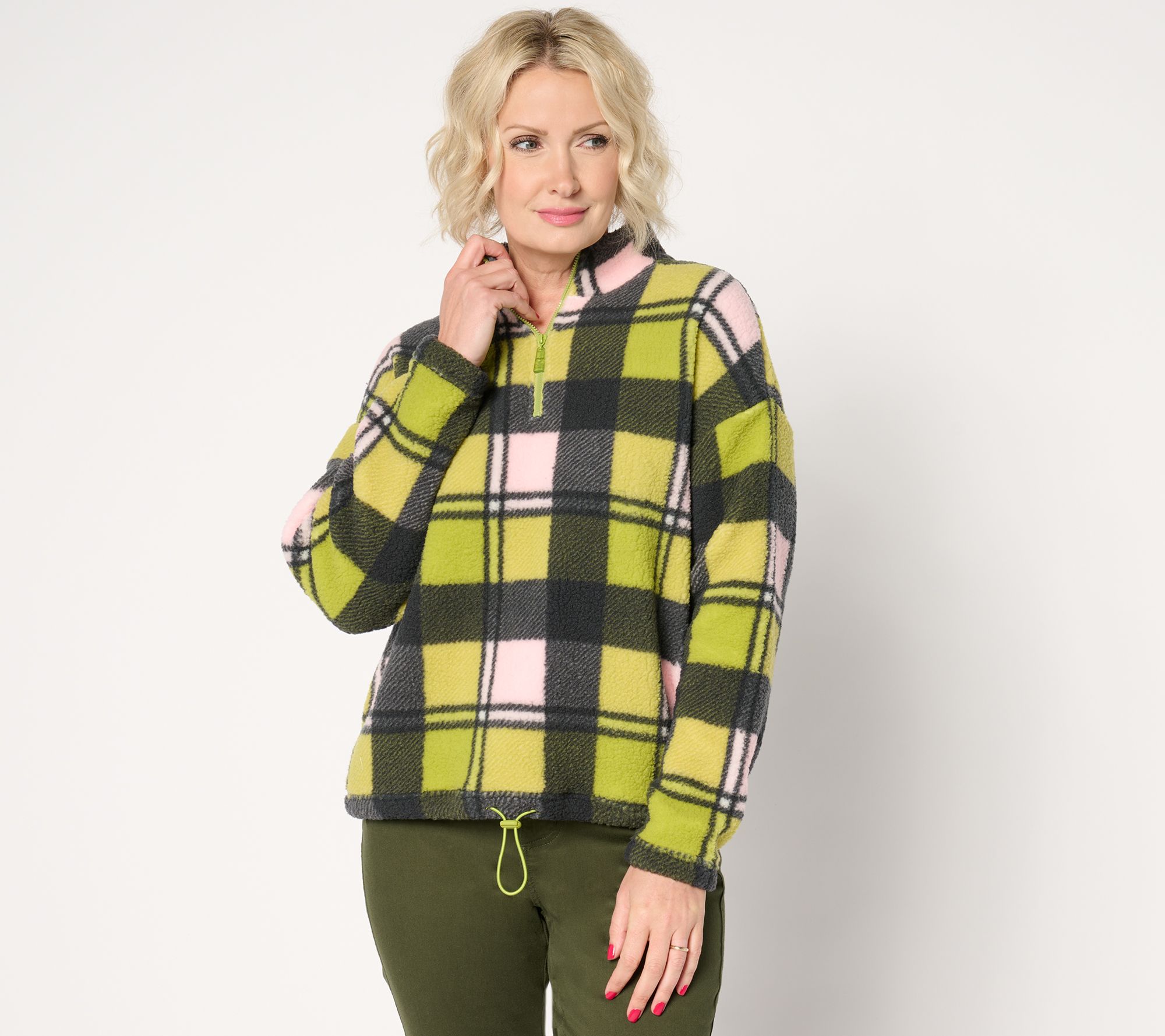 "As Is" Belle by Kim Gravel Mad for Plaid Sherpa Half Zip w/ Bungee Tie