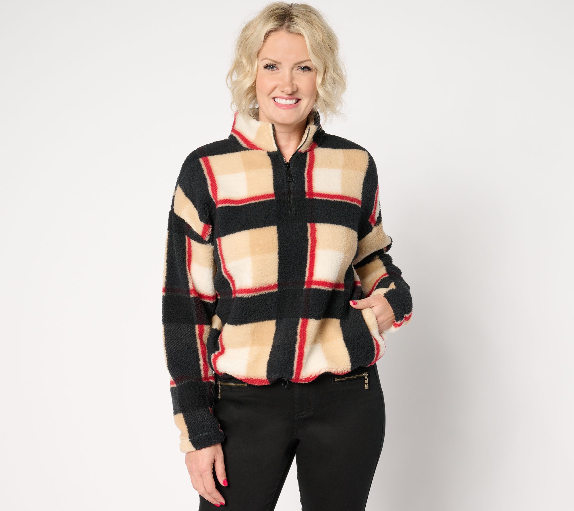 "As Is" Belle by Kim Gravel Mad for Plaid Sherpa Half Zip w/ Bungee Tie