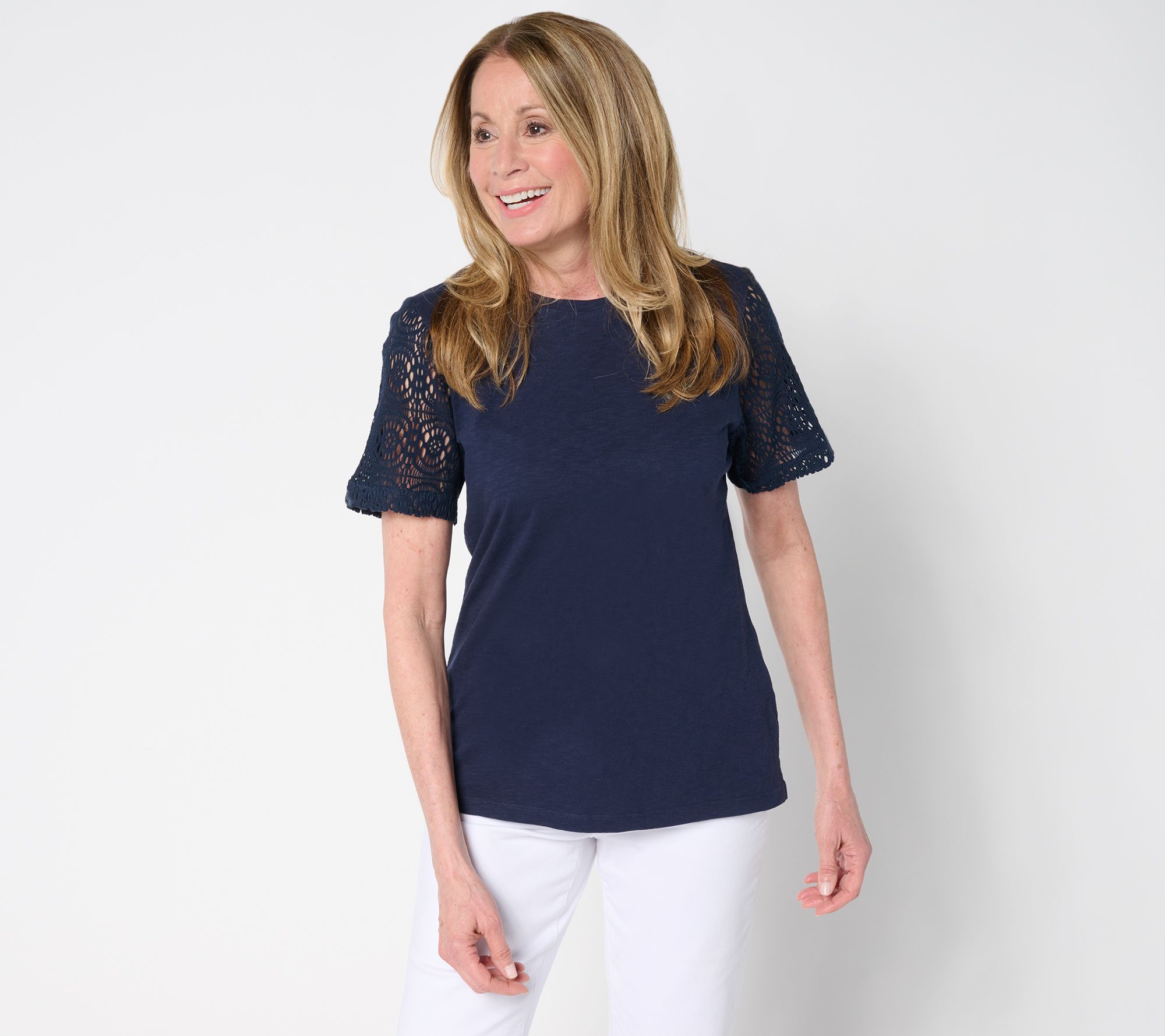 Denim & Co. 100% Cotton Crew Neck Top with Crochet Sleeve