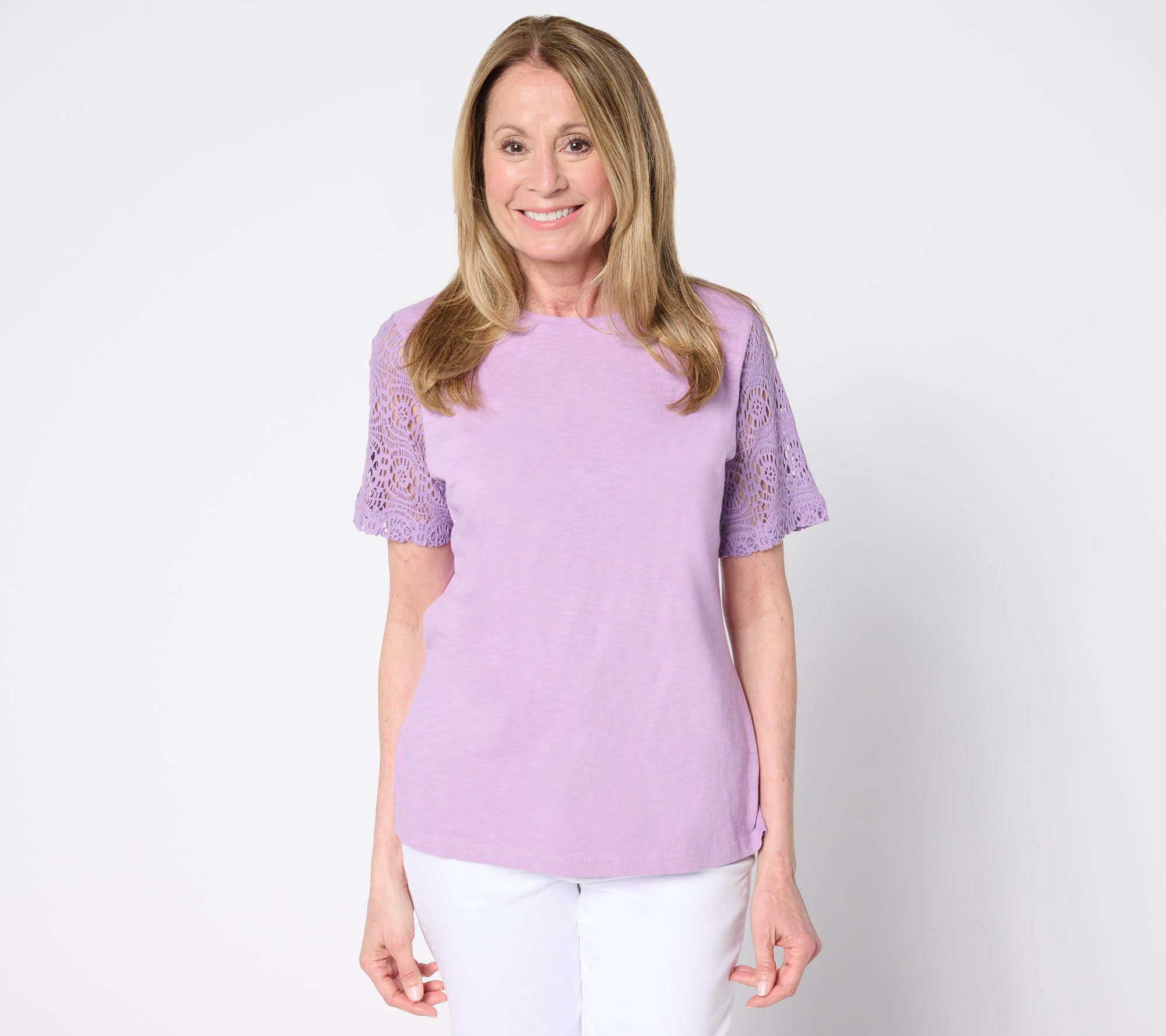 Denim & Co. 100% Cotton Crew Neck Top with Crochet Sleeve