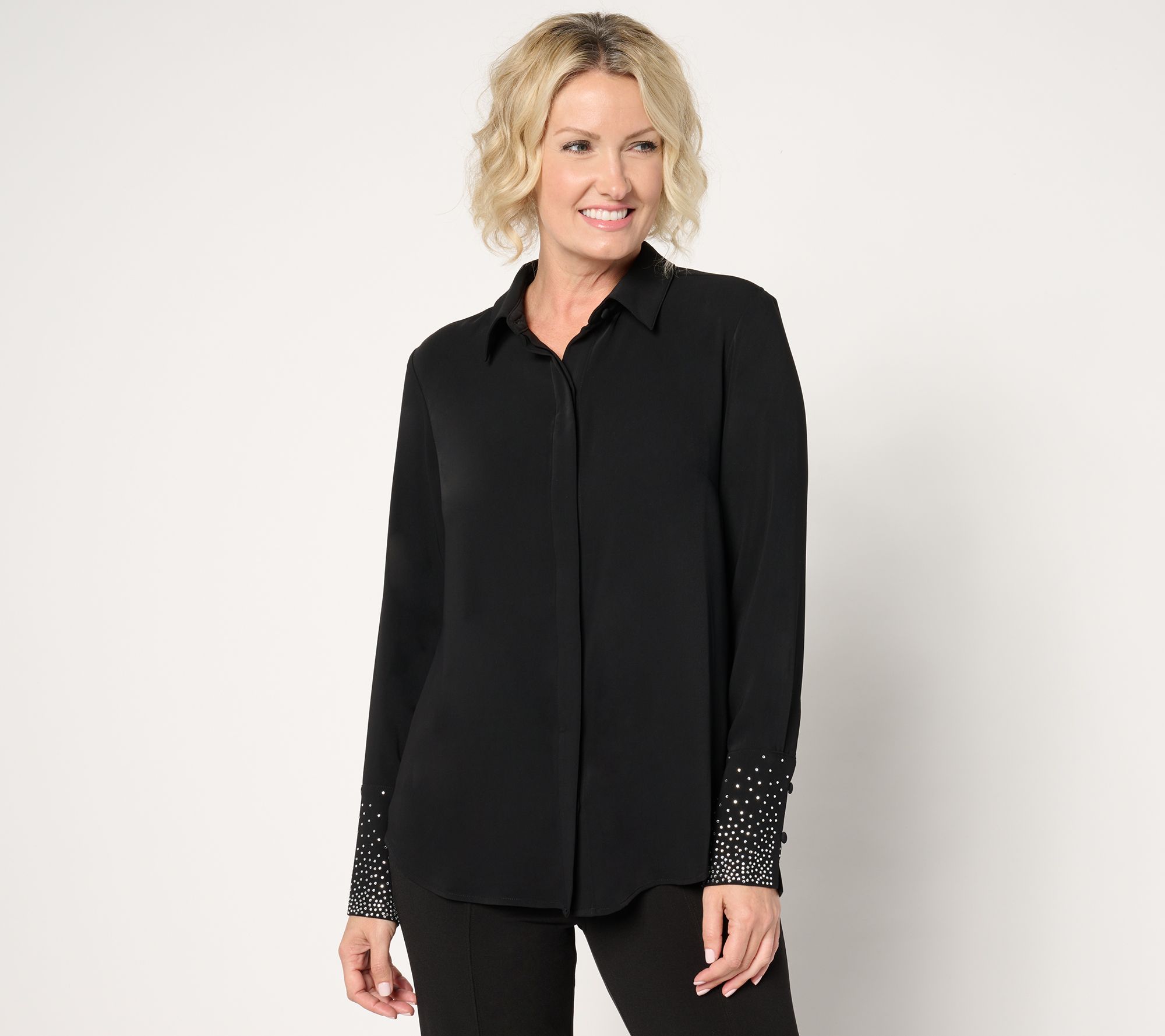 "As Is" Joan Rivers Red Carpet Crystal Button Front Long Slv Blouse