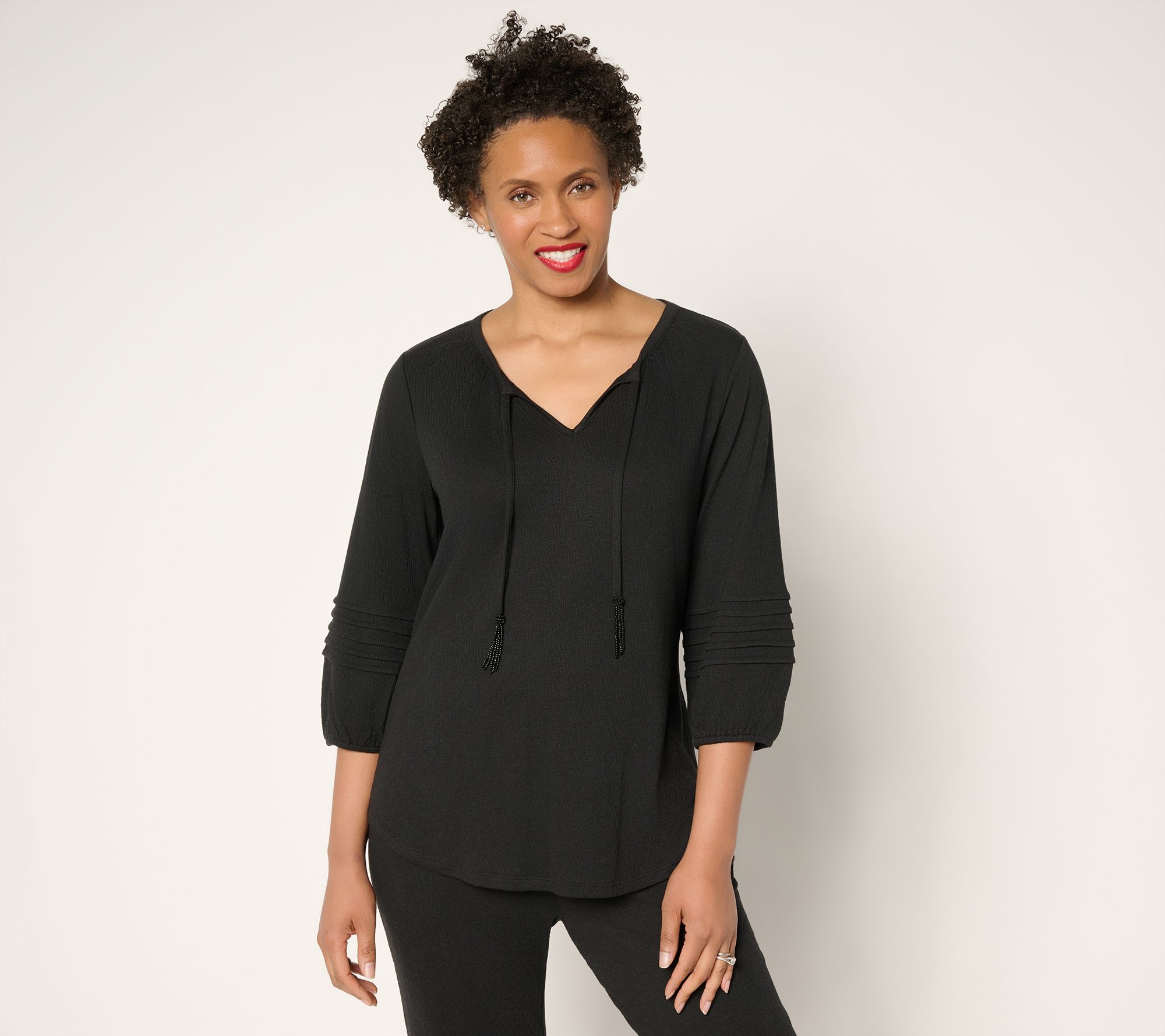 Denim & Co. Beach Knit Gauze Split Neck Top with Tassels