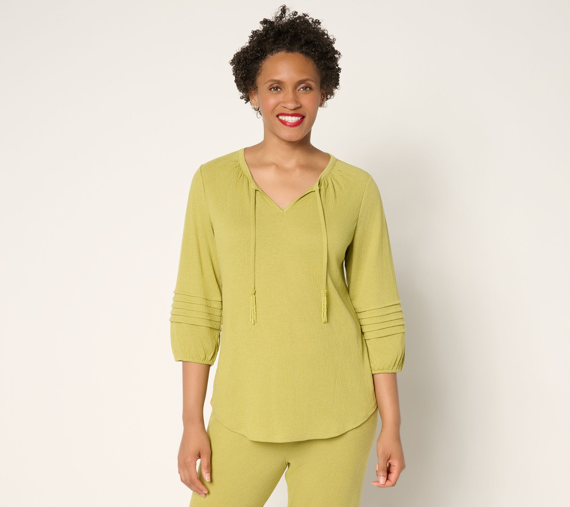 Denim & Co. Beach Knit Gauze Split Neck Top with Tassels