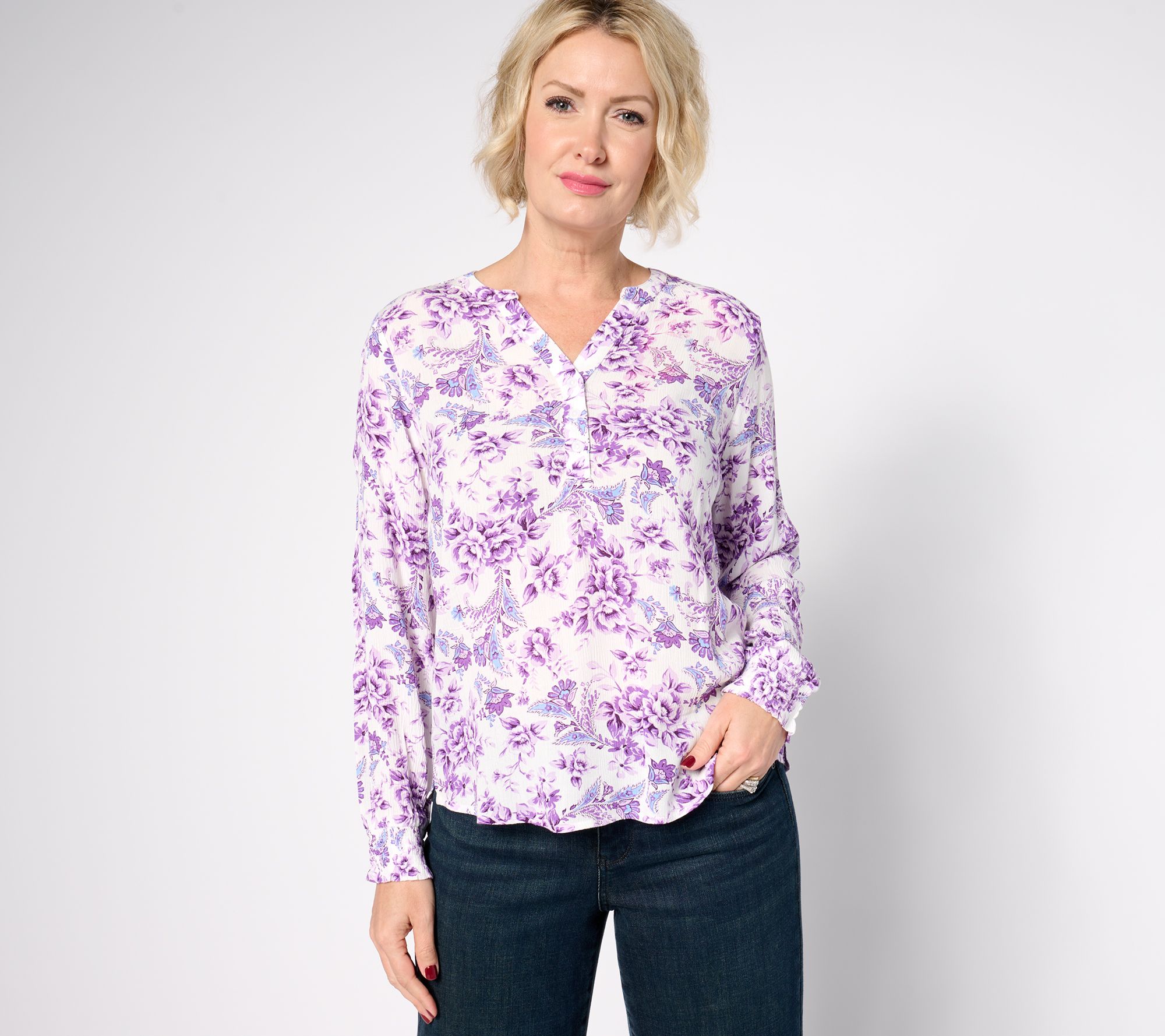 "As Is" Denim & Co. Printed Floral Shirt with Smocked Cuff