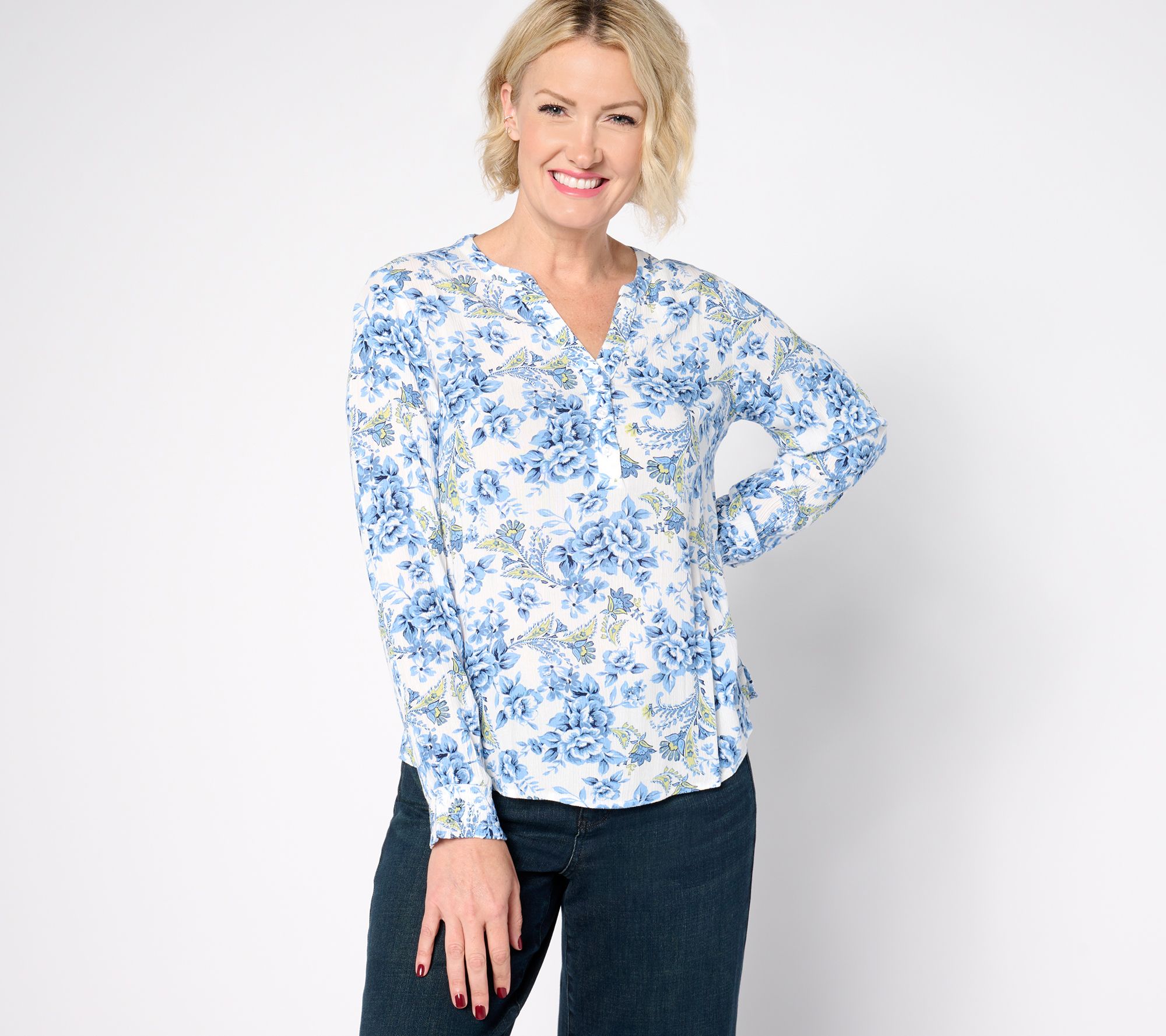 "As Is" Denim & Co. Printed Floral Shirt with Smocked Cuff