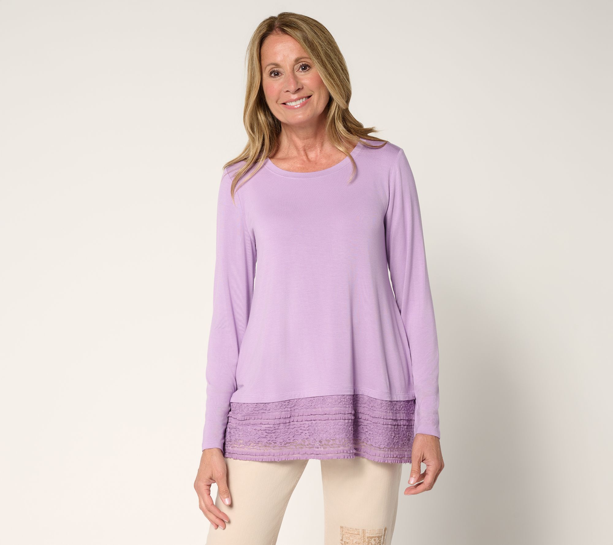 LOGO by Lori Goldstein Regular Long Sleeve Top with Lace Hem