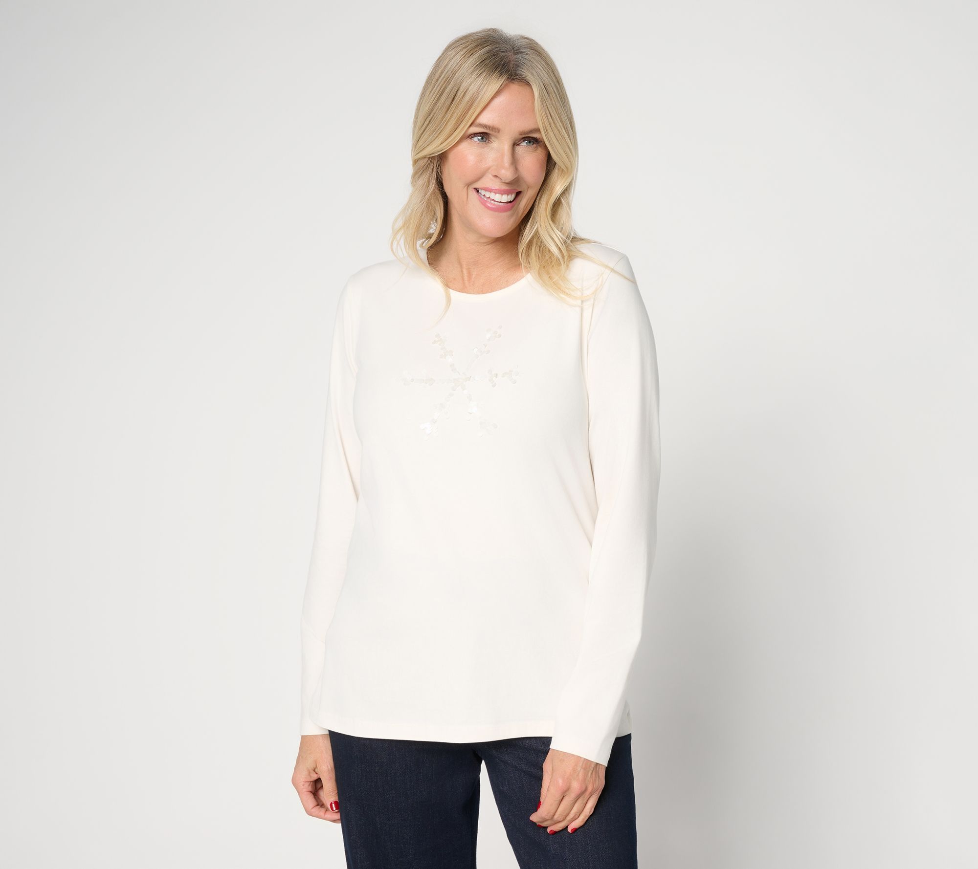 Denim & Co. Jersey Round Neck Sequin Motif Long Sleeve Top