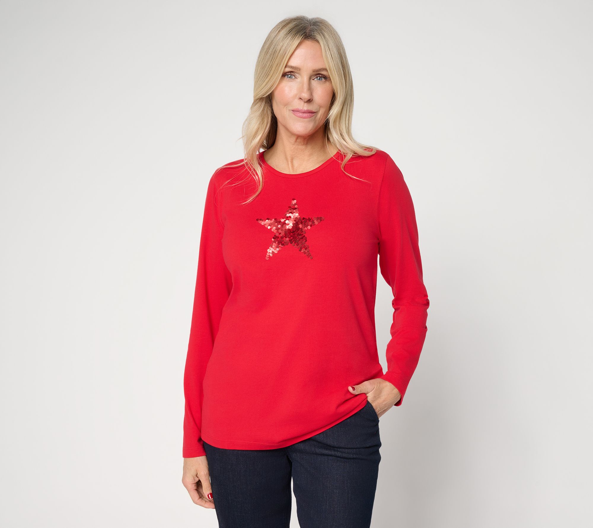 Denim & Co. Jersey Round Neck Sequin Motif Long Sleeve Top