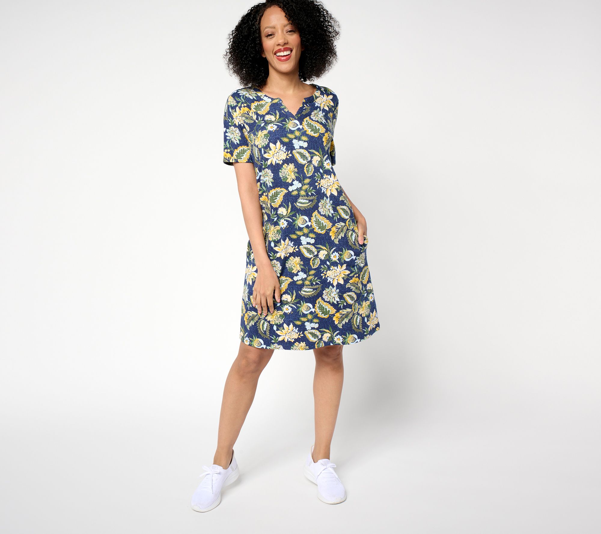 "As Is" Denim & Co. Active Petite French Terry Split Neck Dress